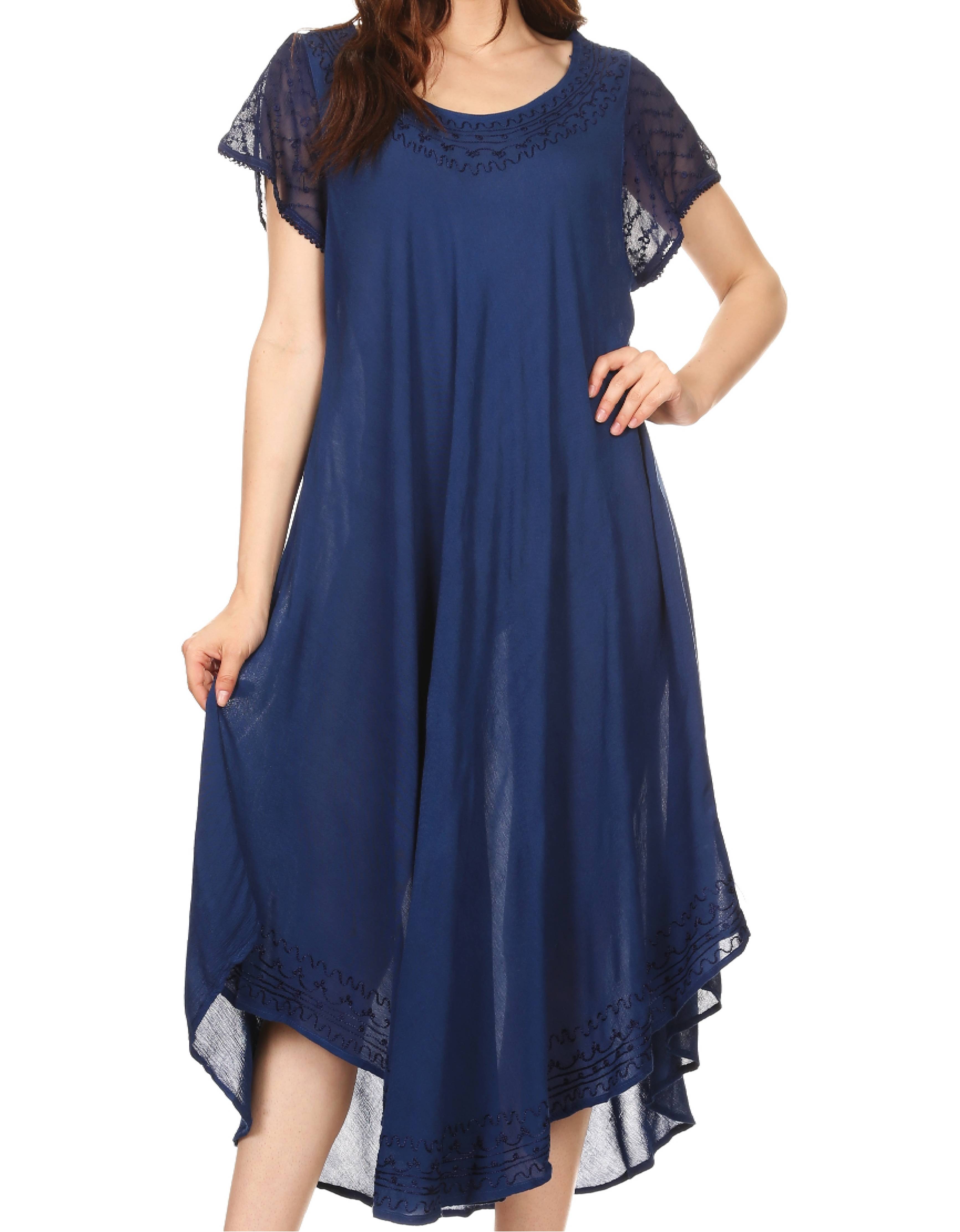 Navy blue dress with lace details on a white background
