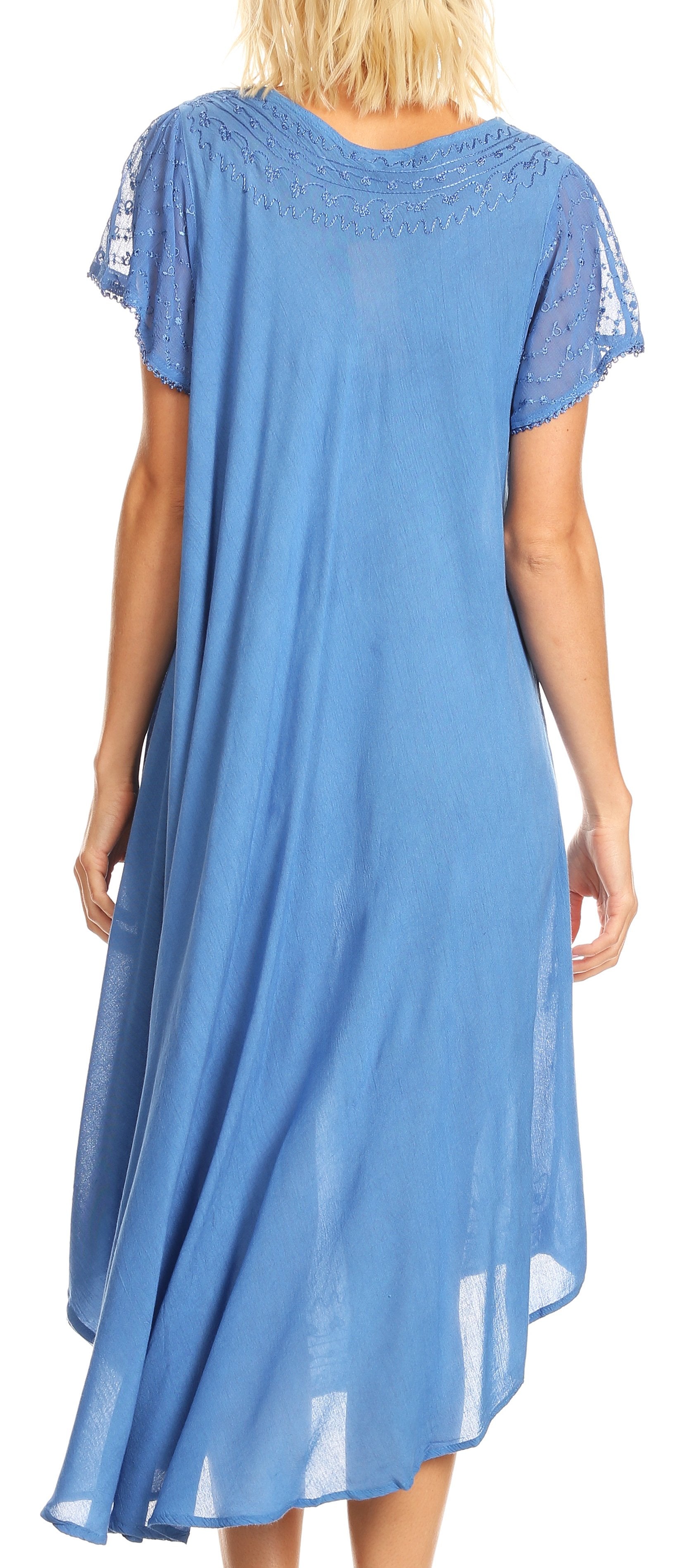 Blue dress with lace sleeves worn by a model