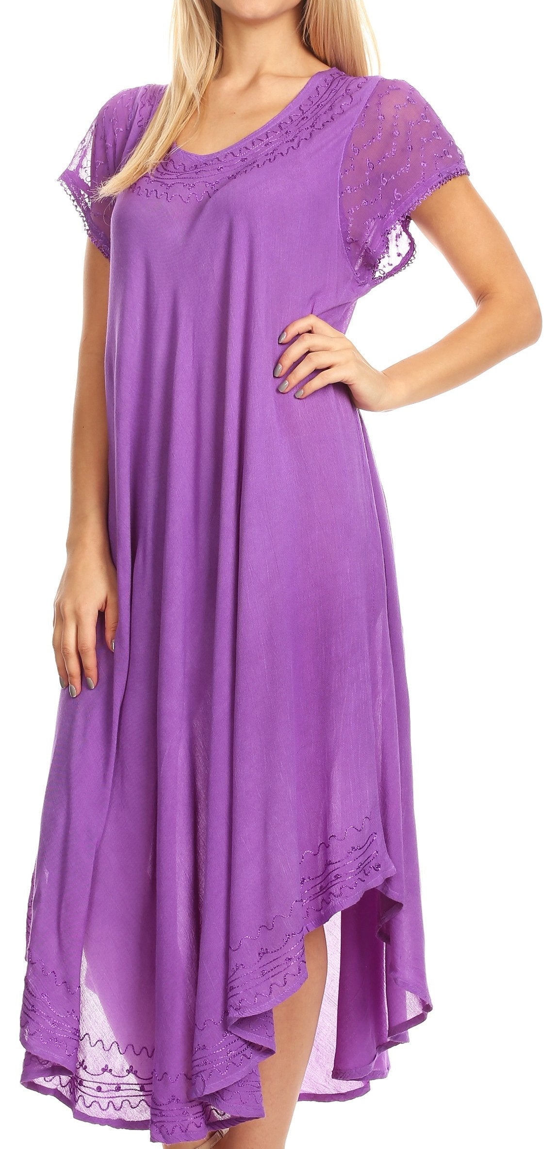 Purple dress with lace details on a white background