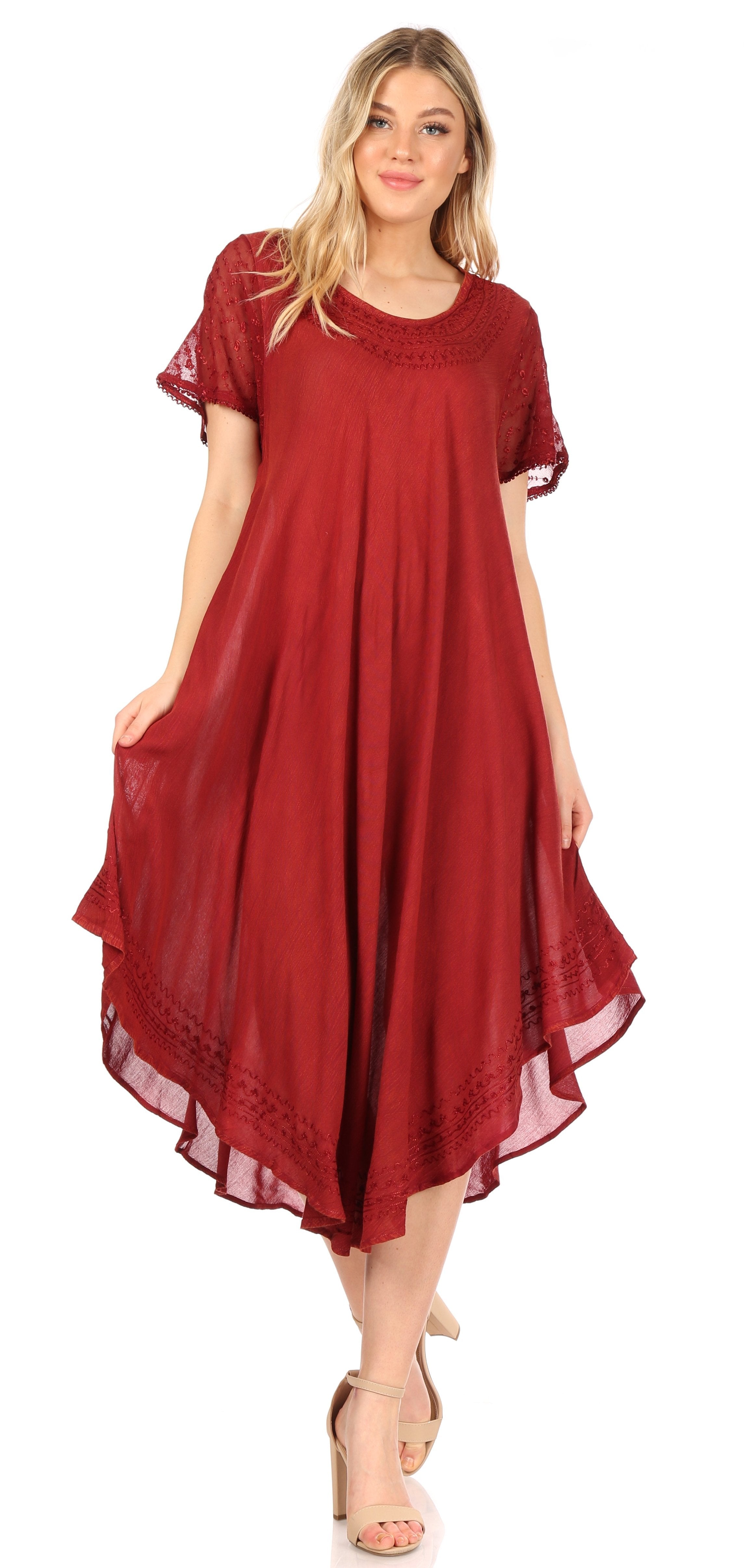 Woman wearing a red dress on a white background