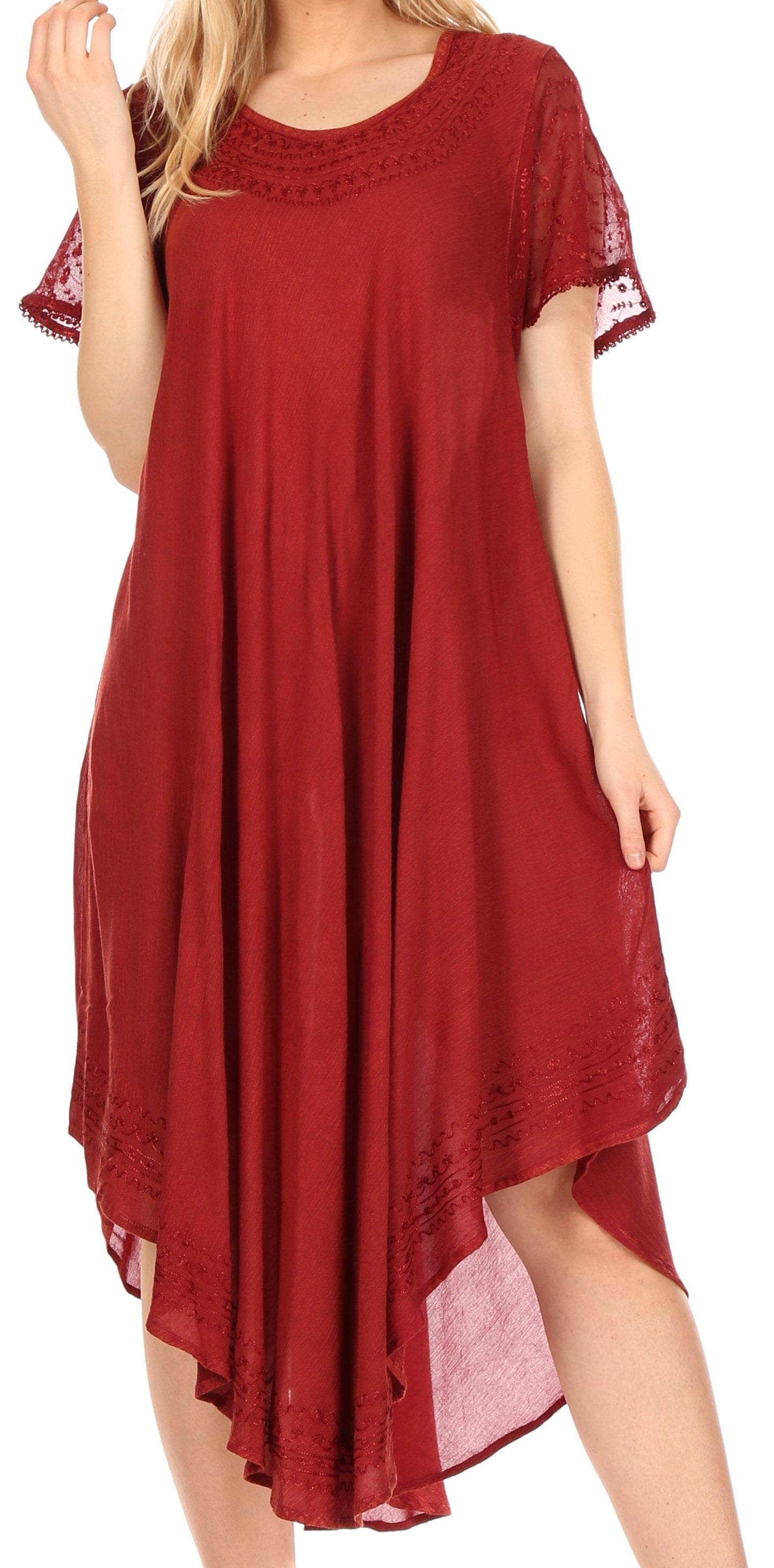 Red dress with lace details on a white background