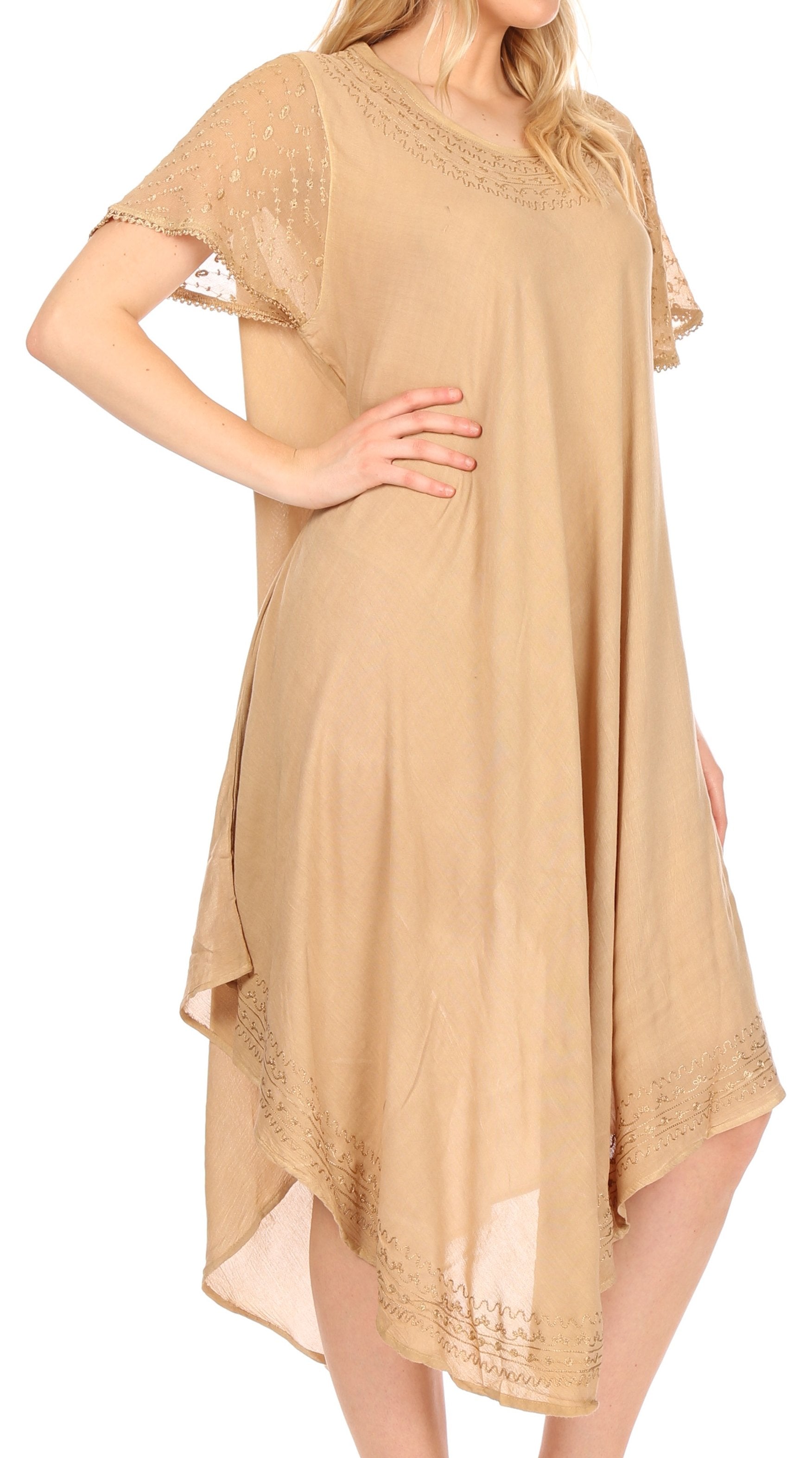 Beige dress with lace details on a white background