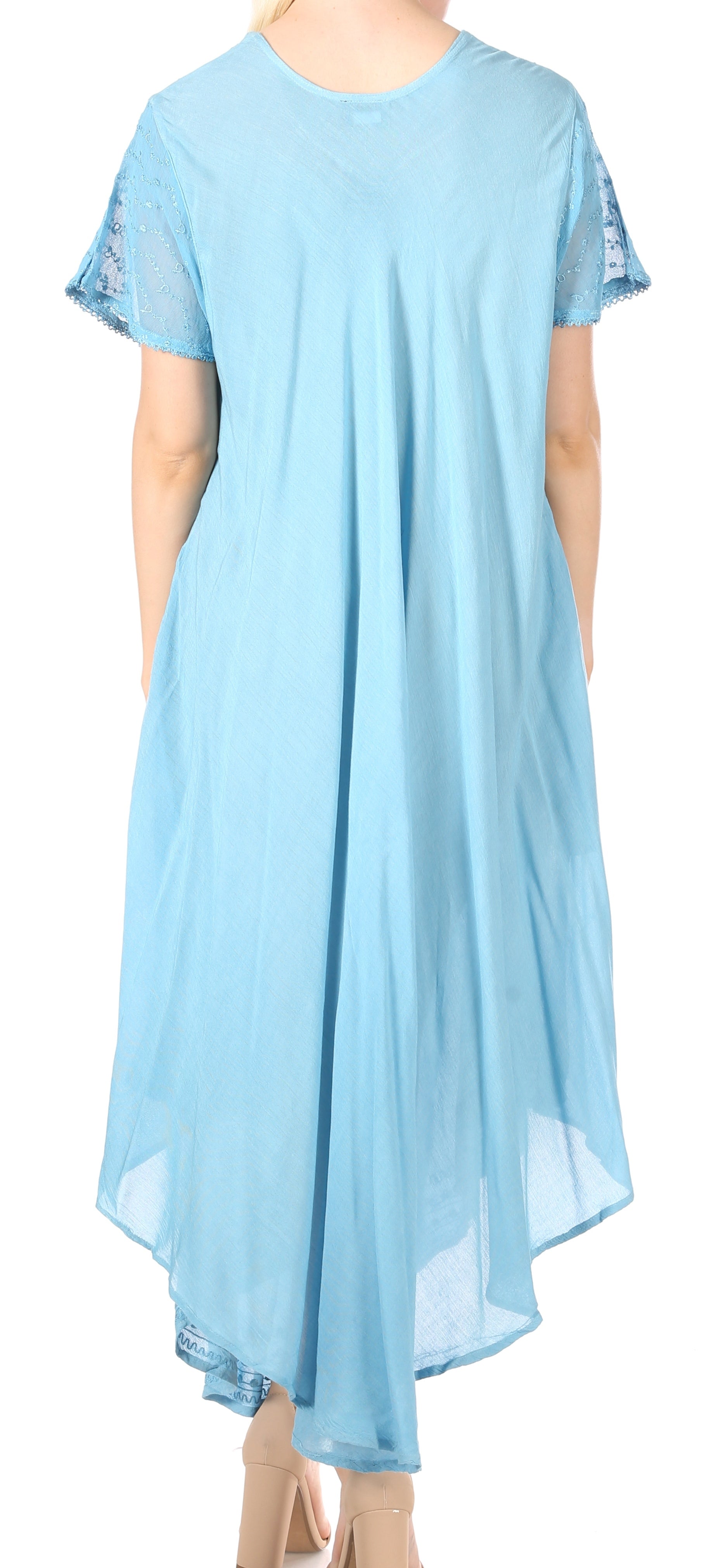 Light blue dress with lace sleeves worn by a model