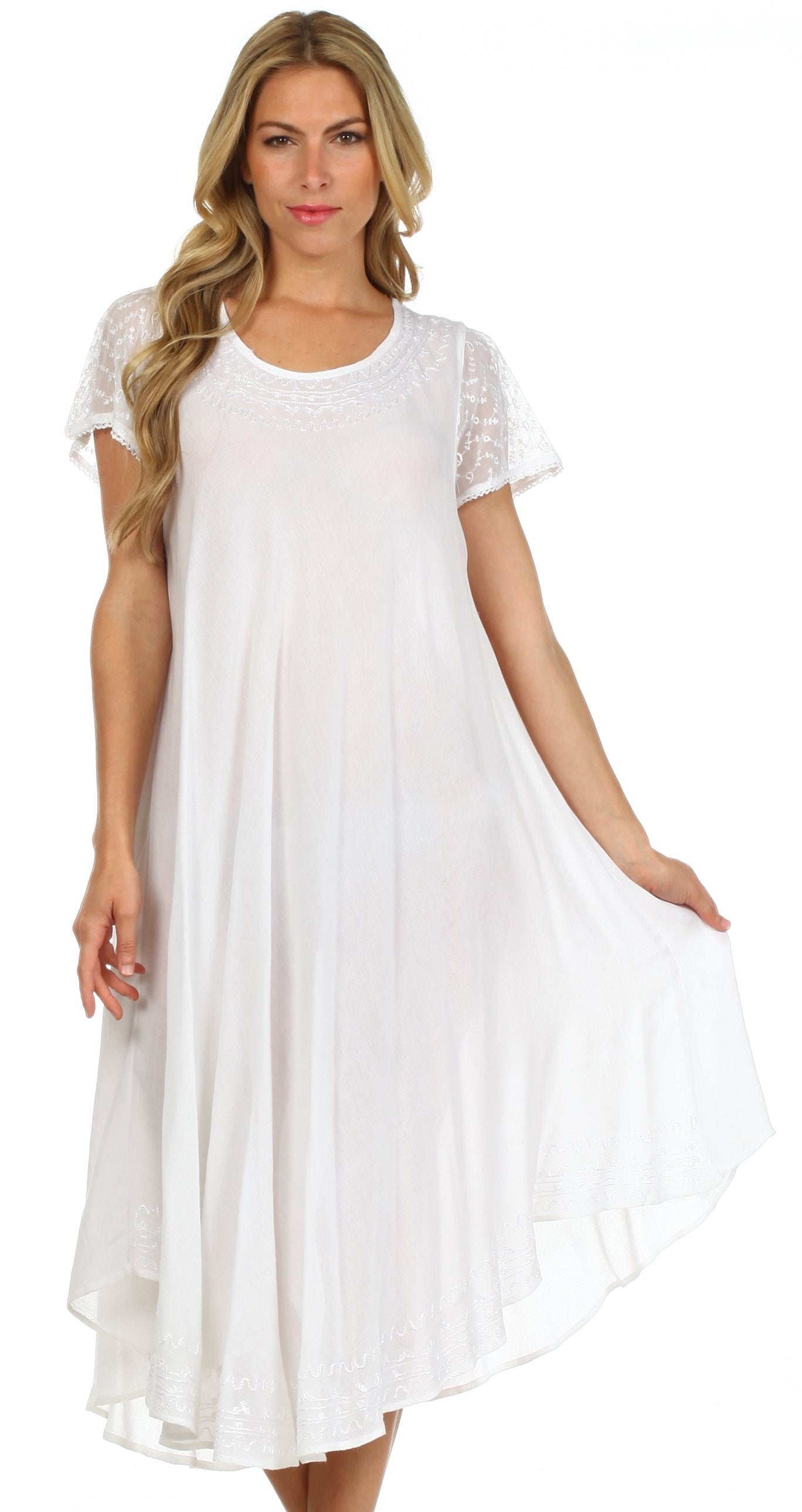 Woman wearing a white dress with lace sleeves on a white background