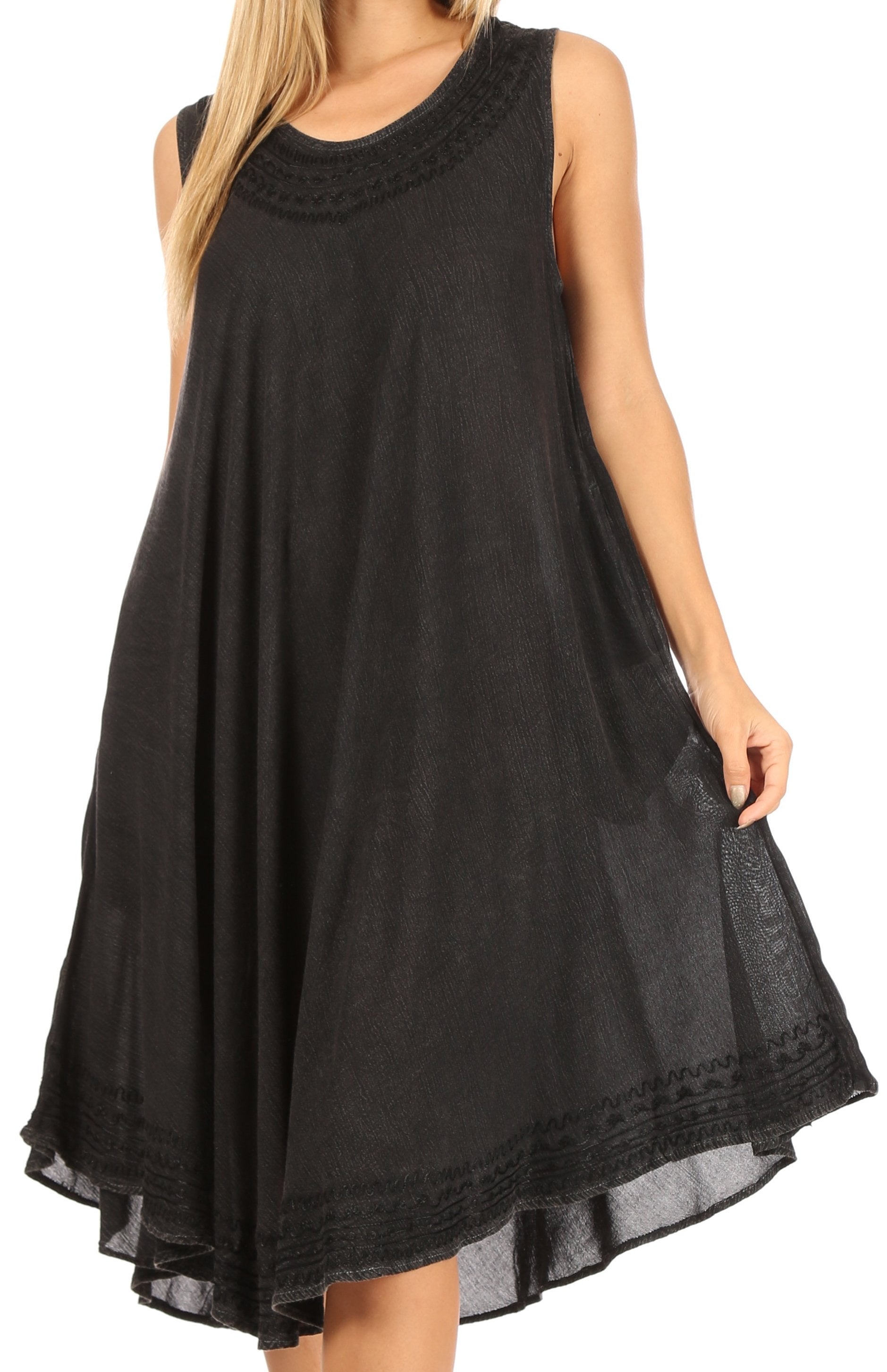Black sleeveless dress with lace trim on a white background