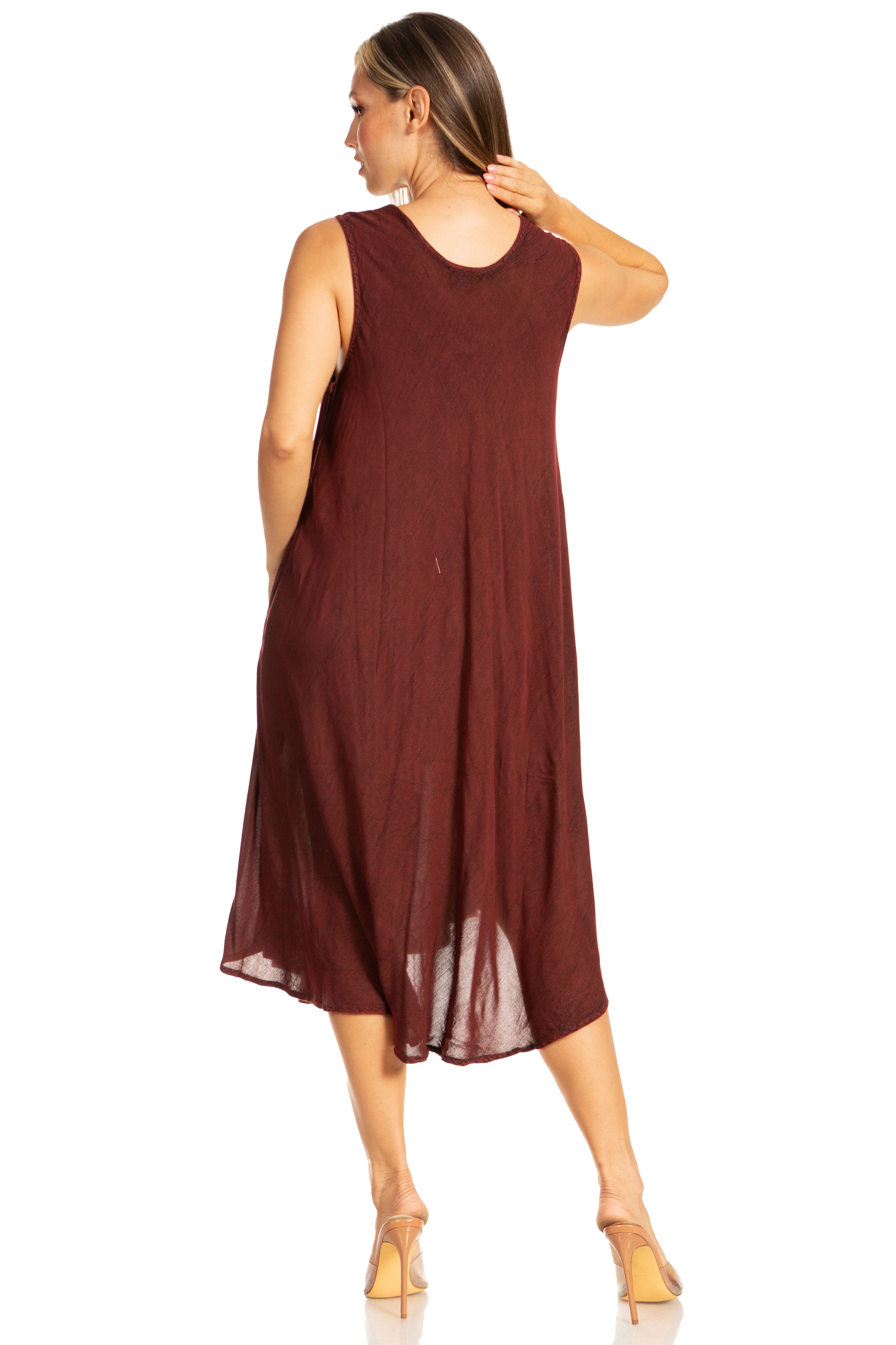 Woman wearing a brown sleeveless dress on a white background