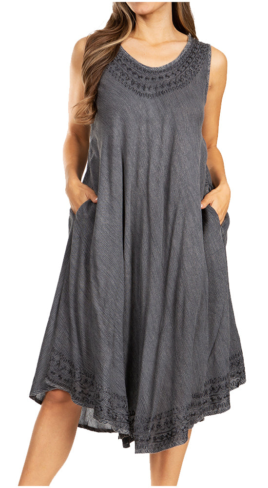 Gray sleeveless dress with lace details on a white background