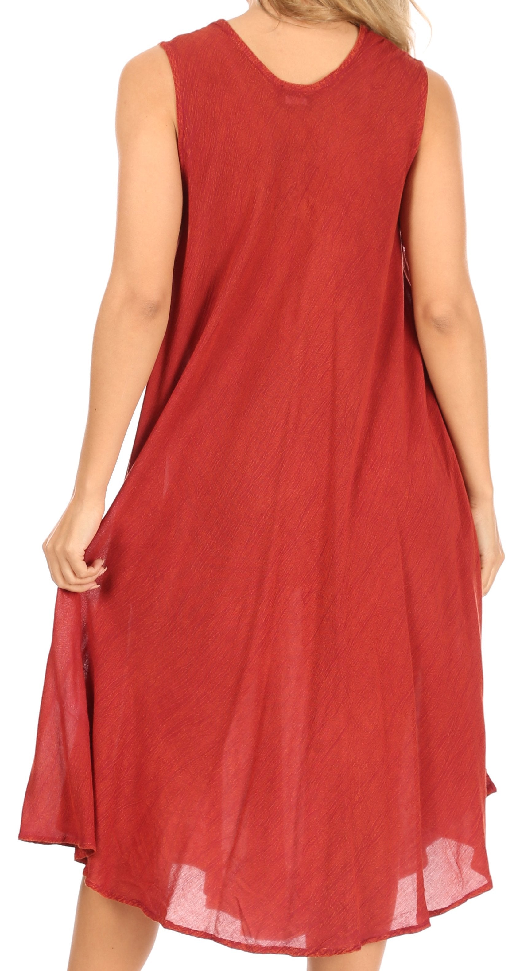 Red sleeveless dress worn by a model on a white background
