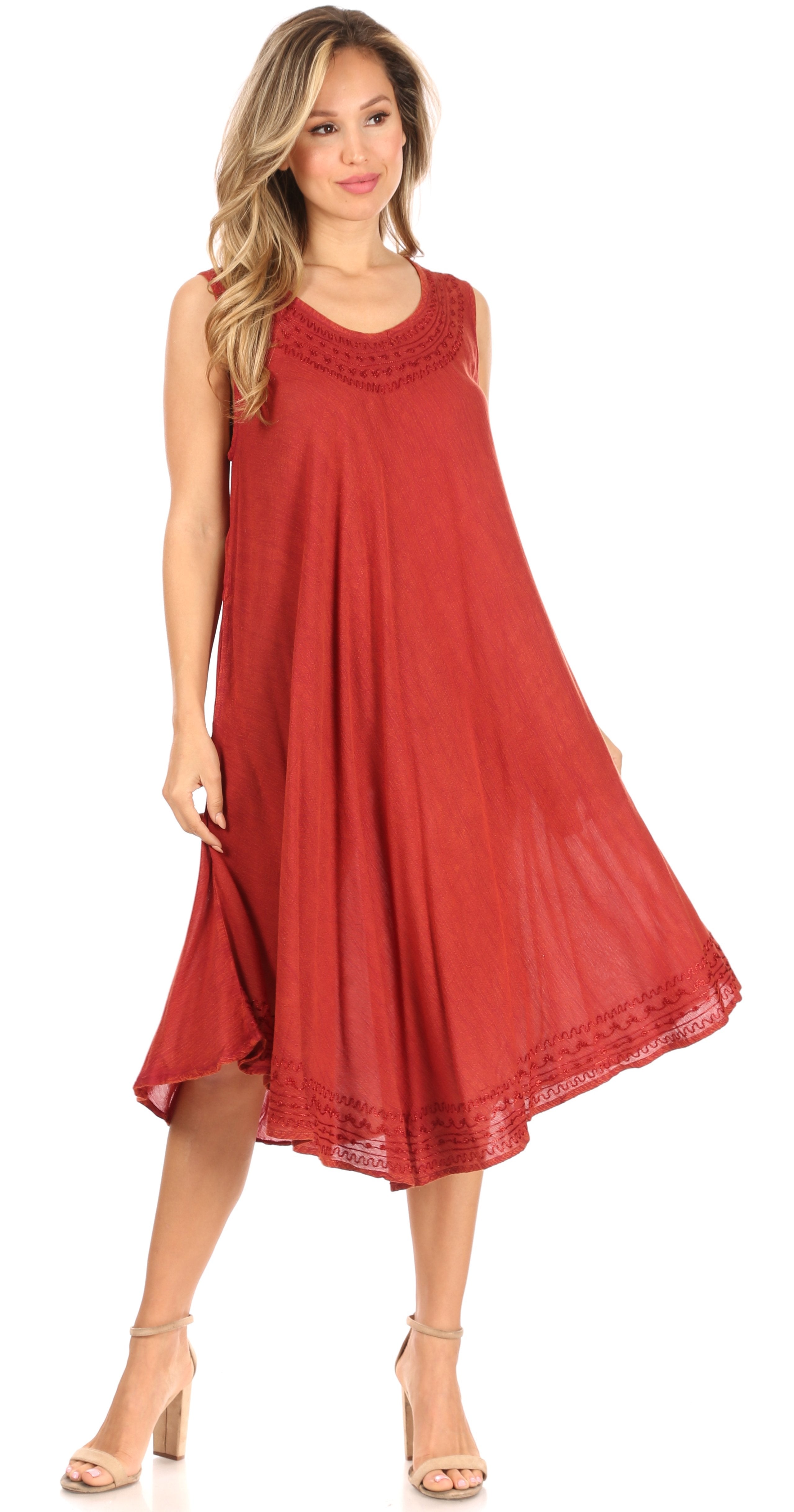 Red sleeveless dress worn by a model on a white background