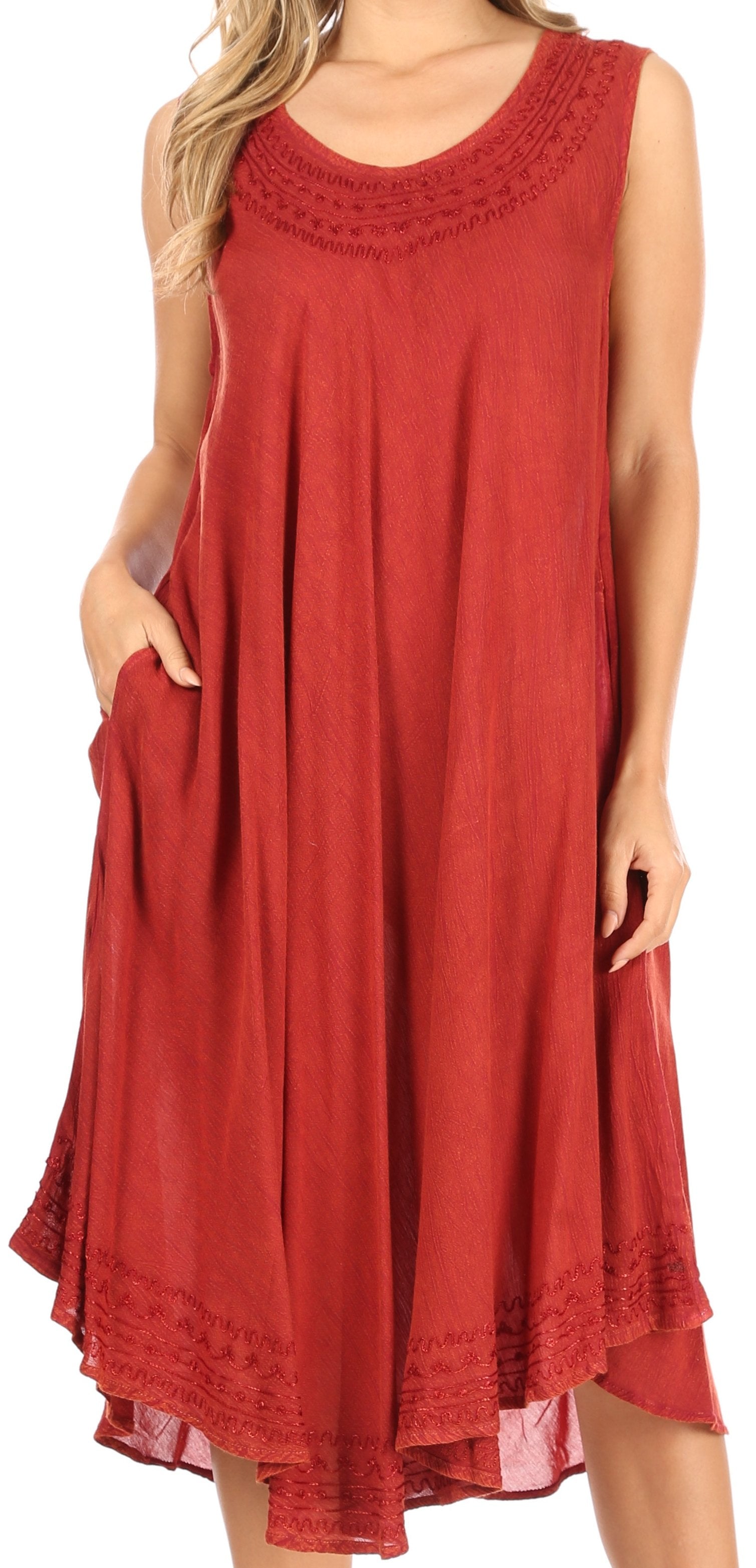 Red sleeveless dress with lace details on a white background