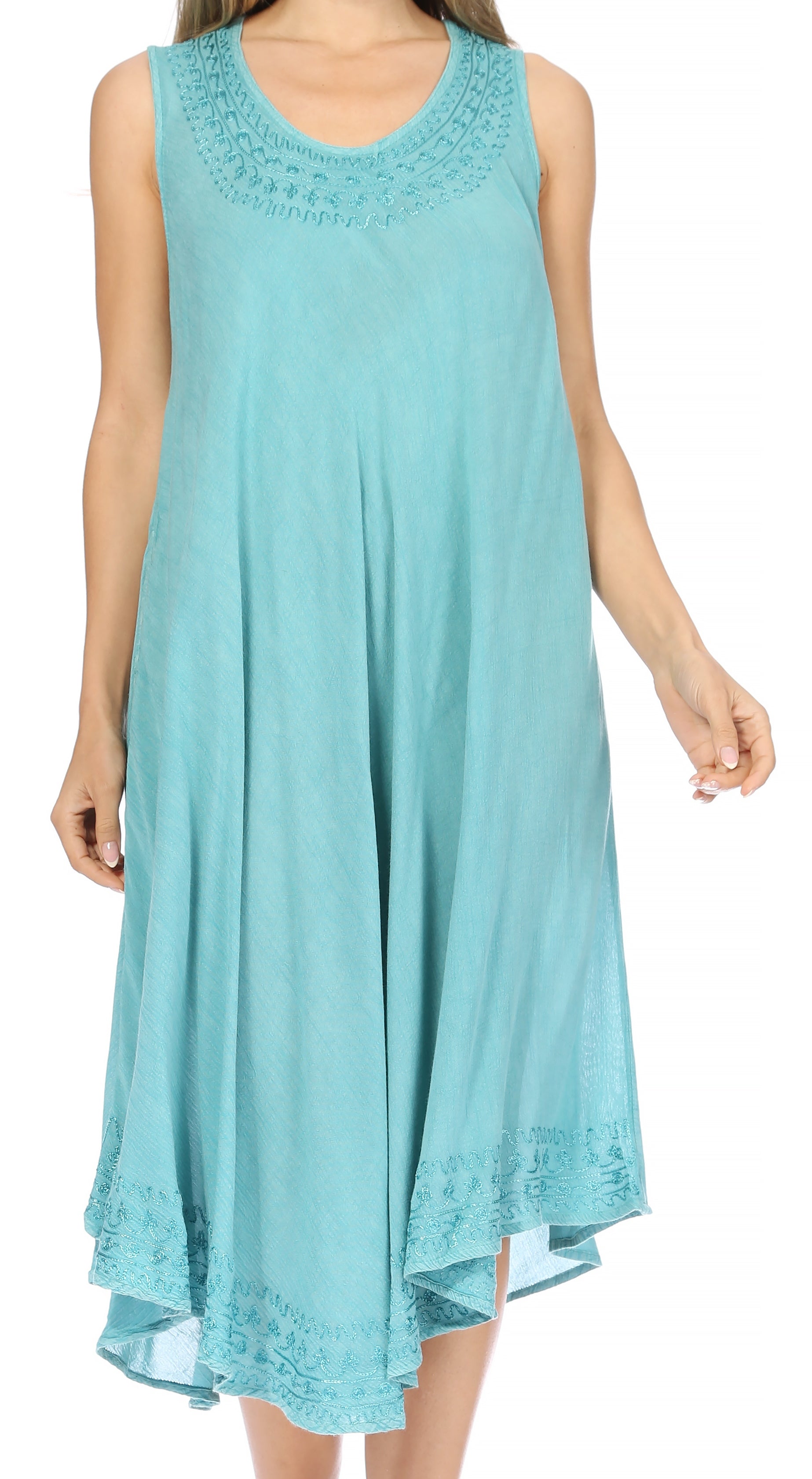 Light blue sleeveless dress with lace details on a white background