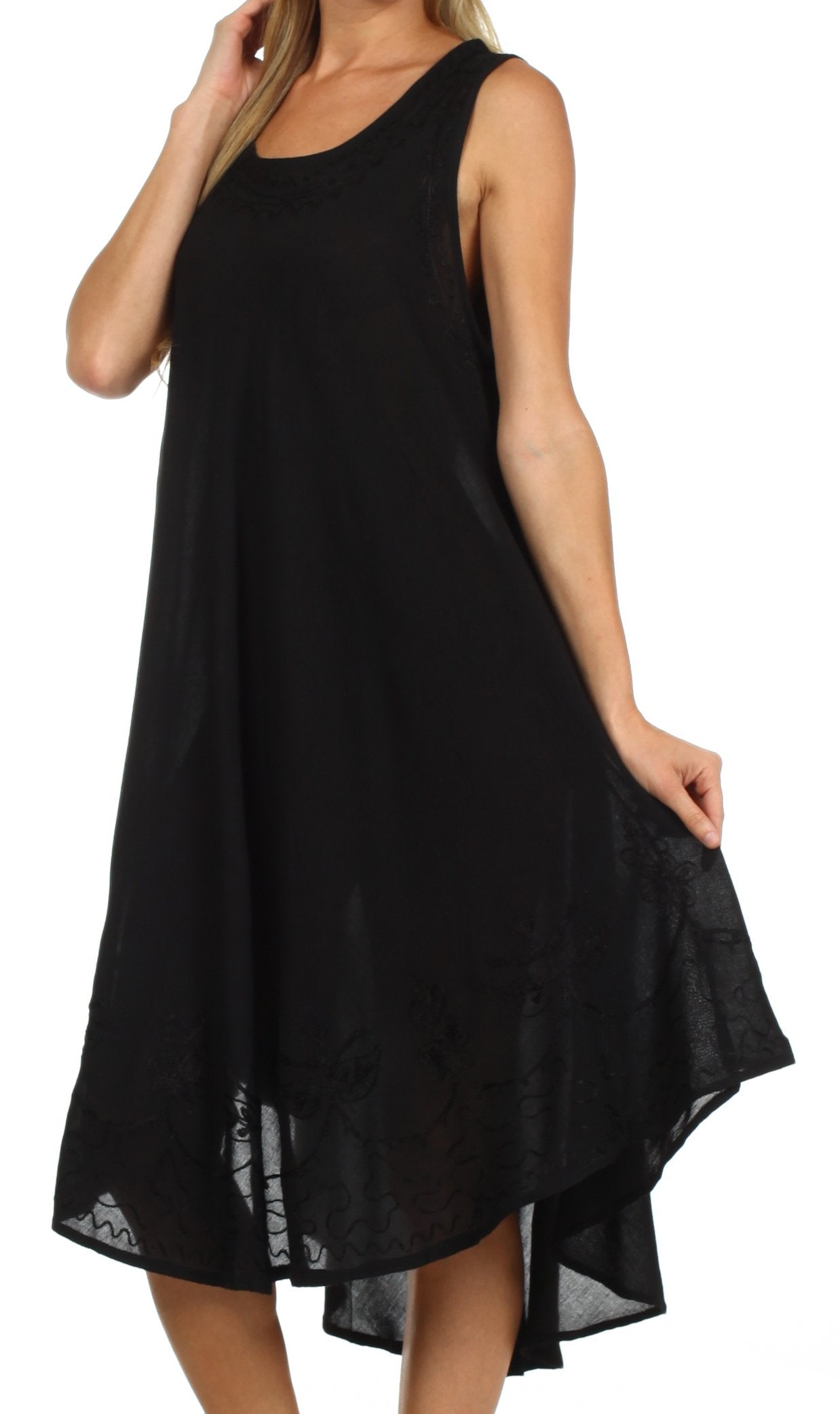 Black sleeveless dress worn by a model on a white background