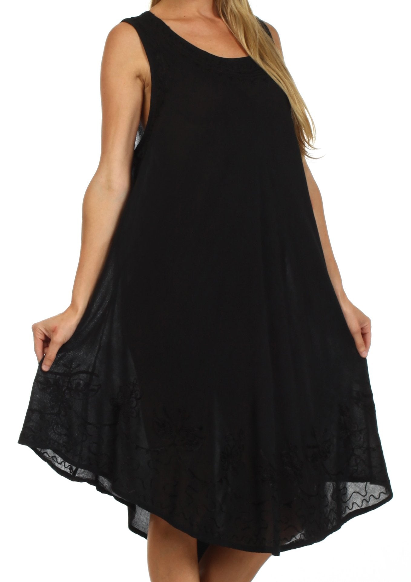 Black sleeveless dress with lace trim on a white background