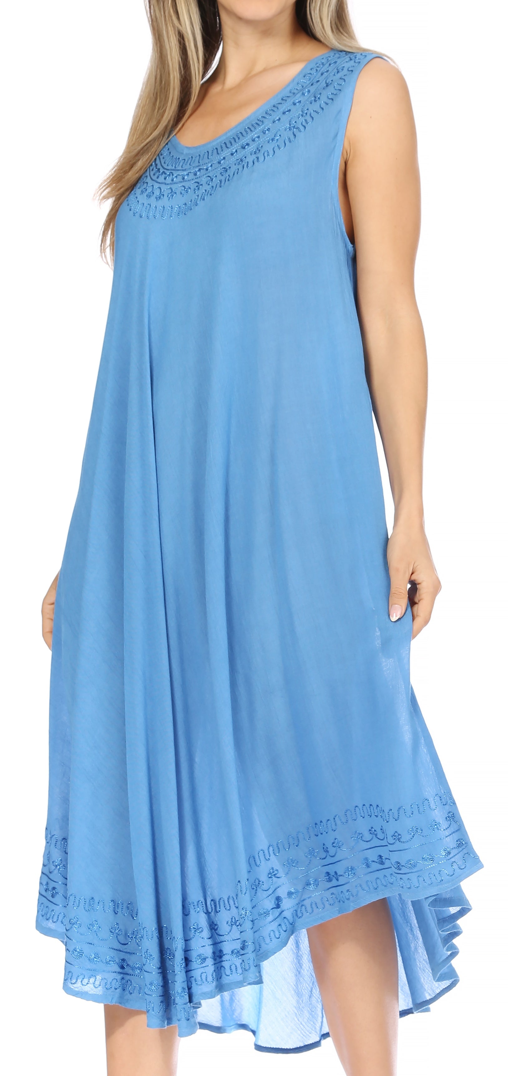 Blue sleeveless dress with lace details on a white background