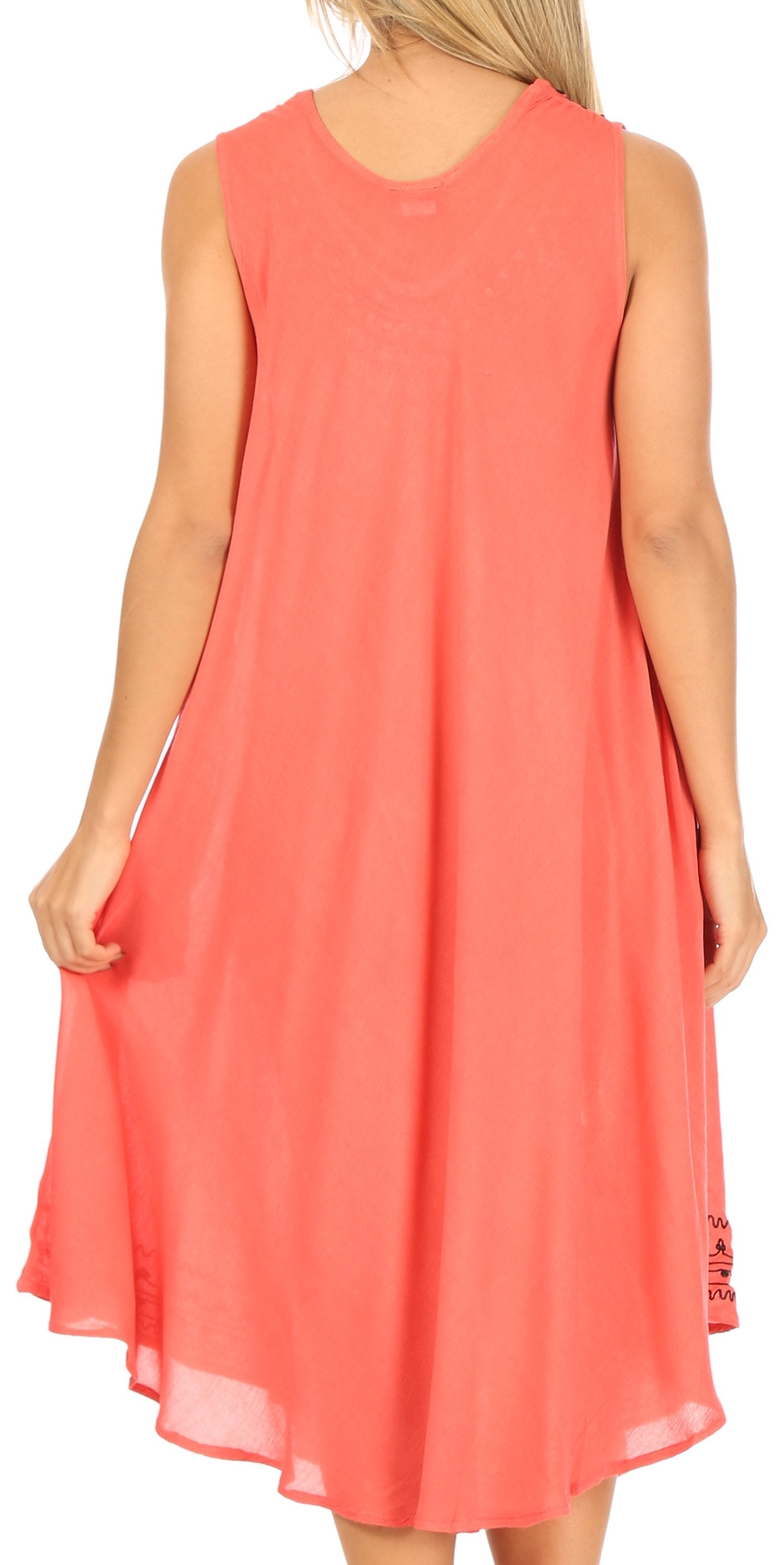 Coral sleeveless dress worn by a person on a white background