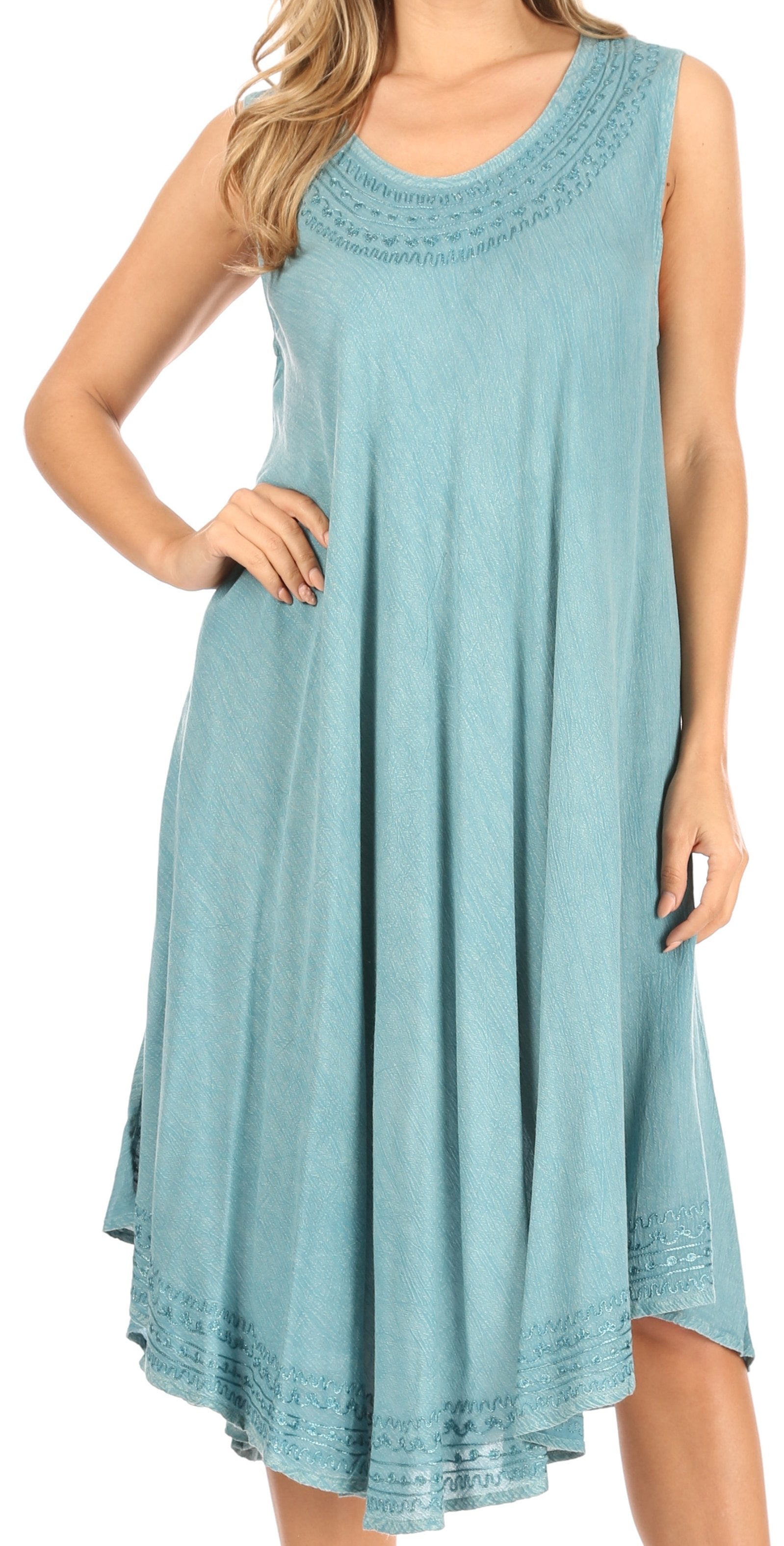 Light blue sleeveless dress worn by a model on a white background
