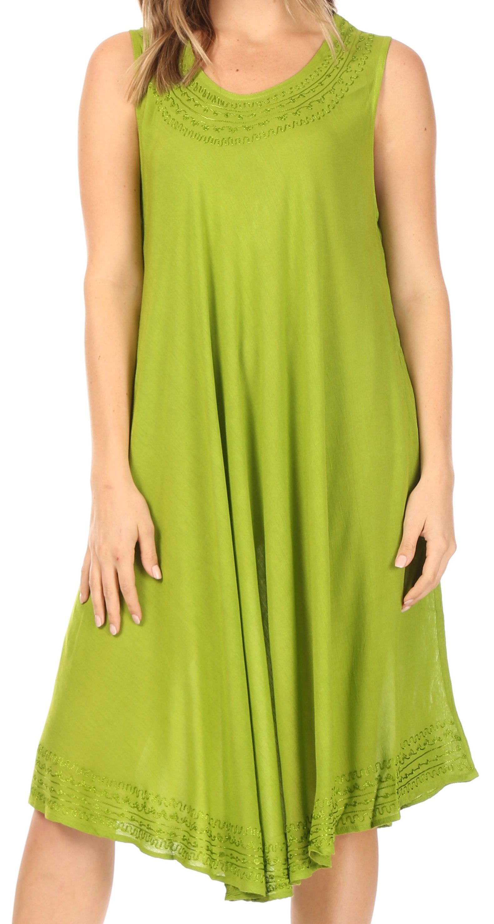 Green sleeveless dress with lace details on a white background