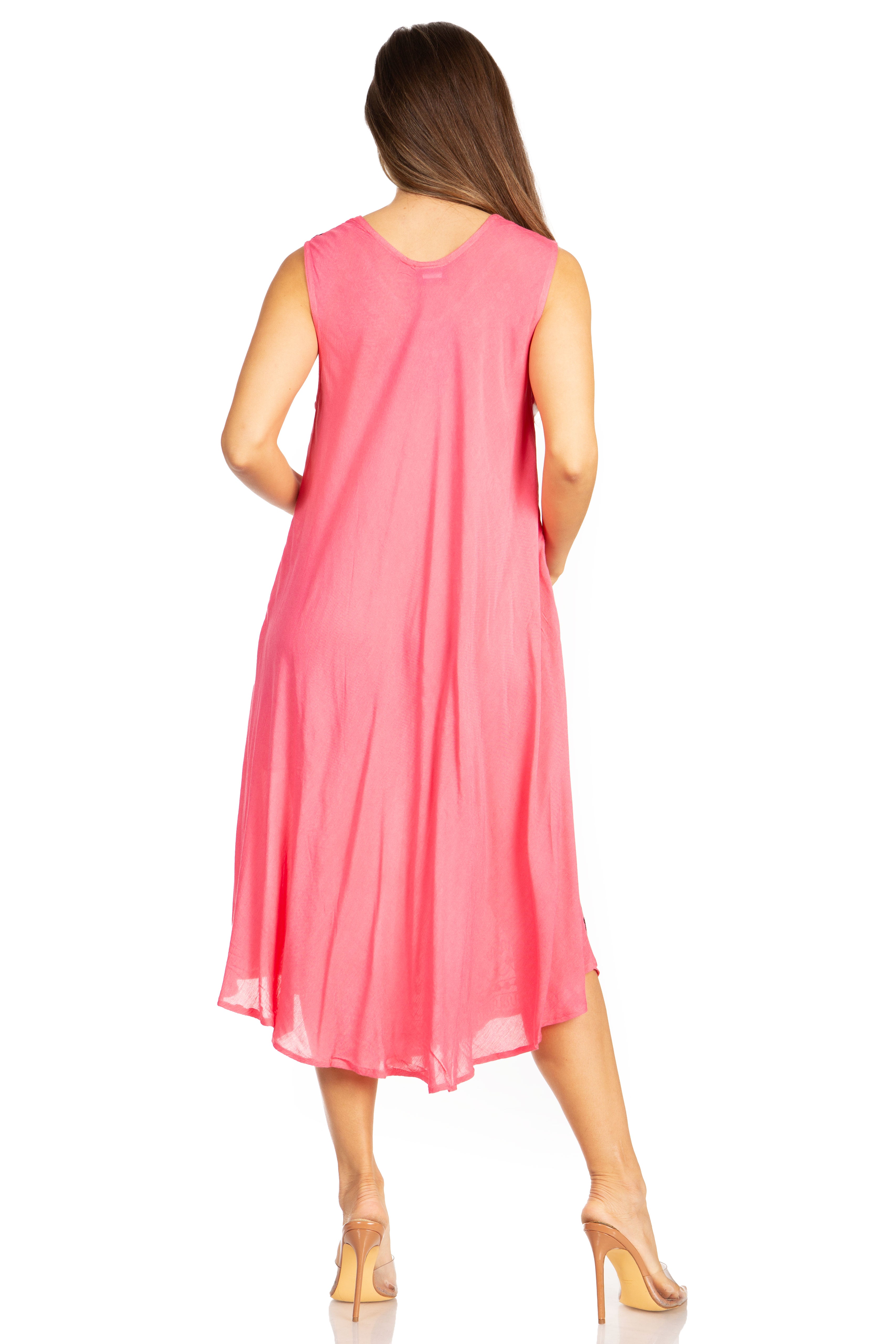 Woman wearing a pink dress on a white background