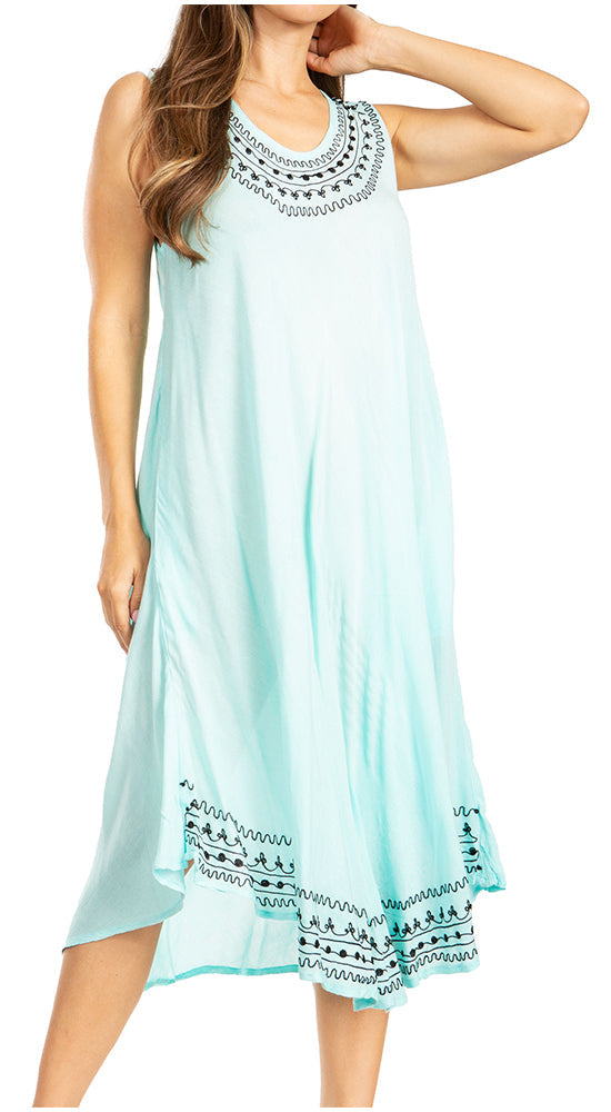 Light blue sleeveless dress with white embroidery on a white background