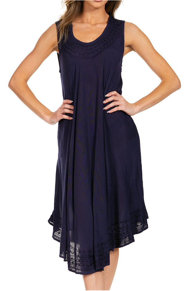 Navy blue sleeveless dress with lace details on a white background
