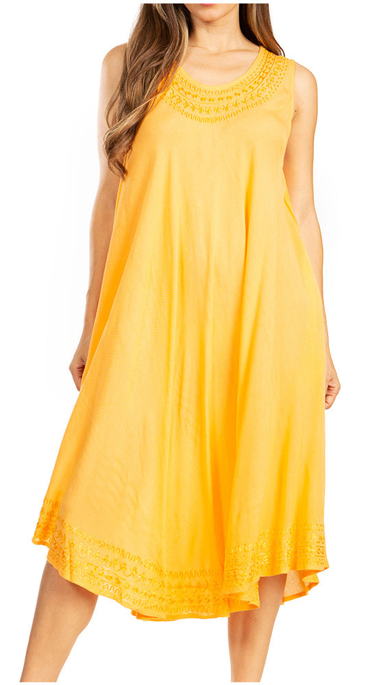 Yellow sleeveless dress with lace details on a white background