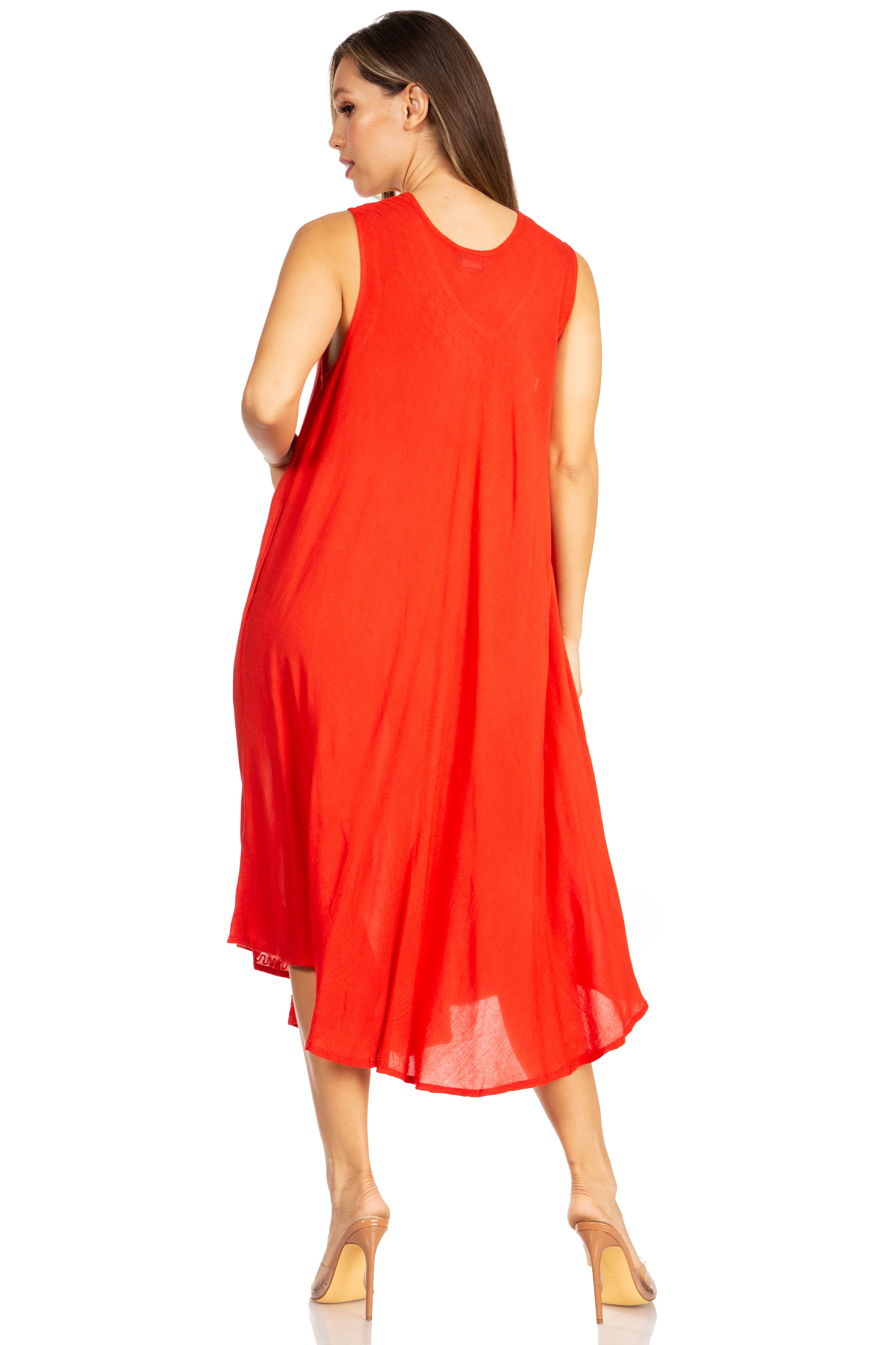 Woman wearing a red sleeveless dress on a white background