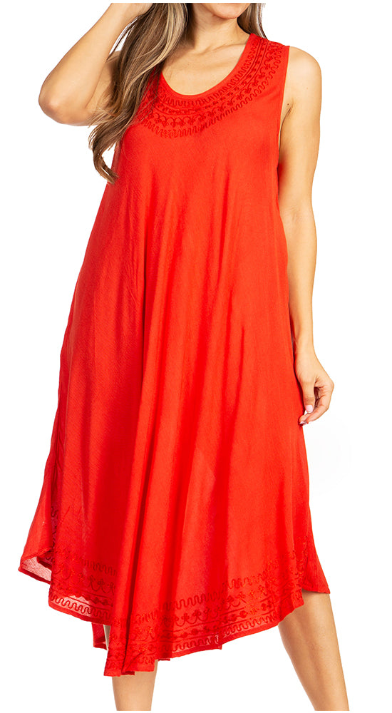 Red sleeveless dress with lace details on a white background