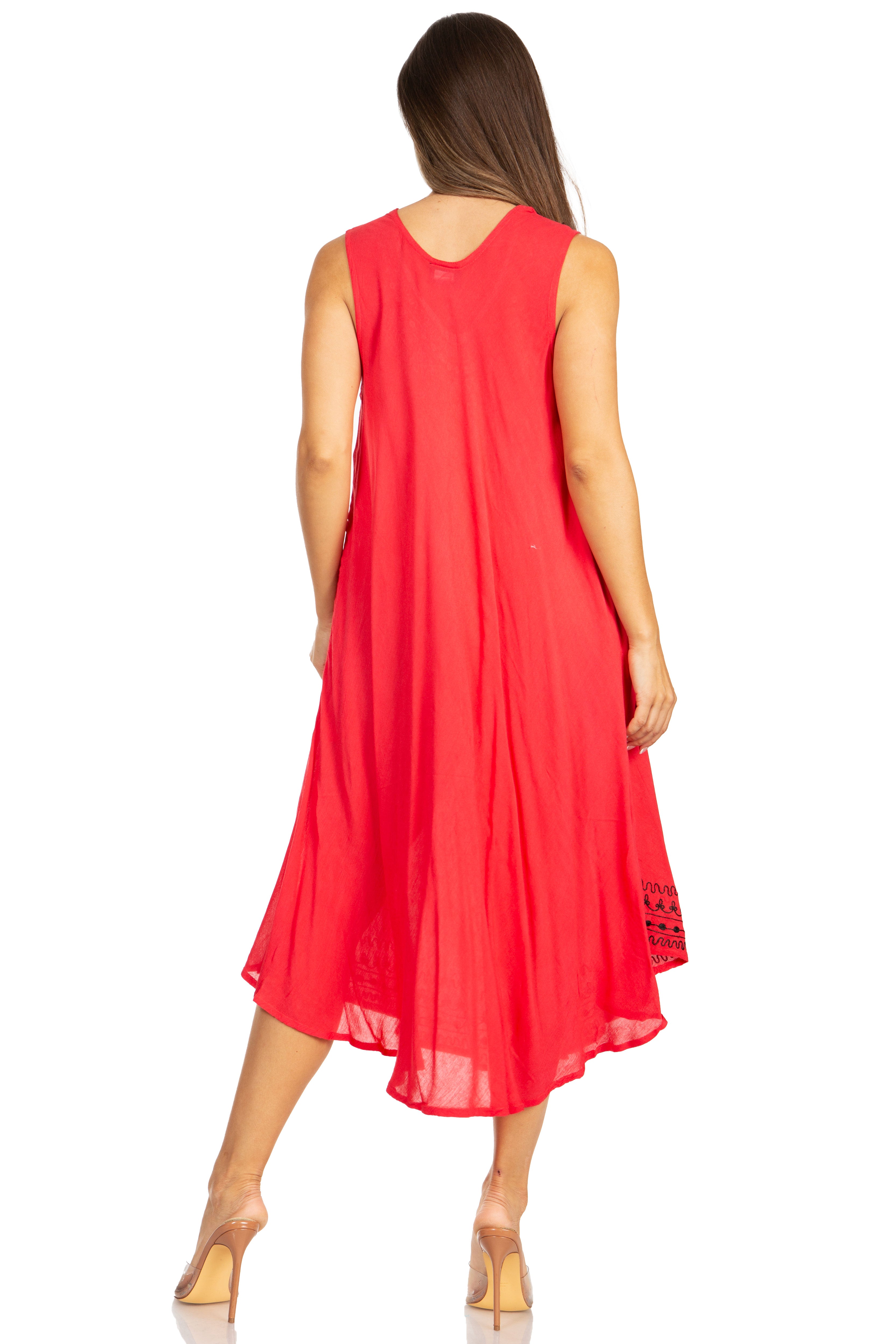 Red sleeveless dress worn by a model on a white background