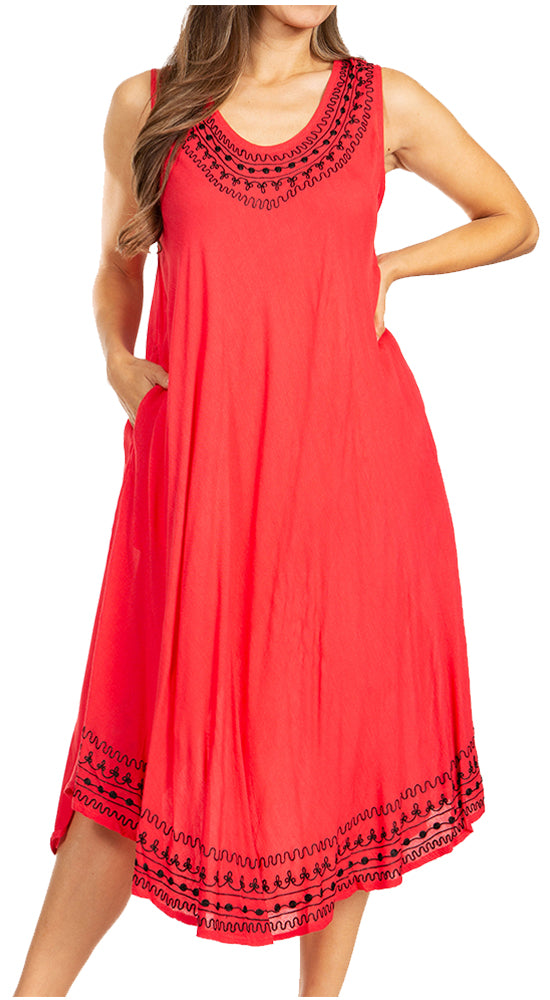 Red dress with black embroidery on a white background