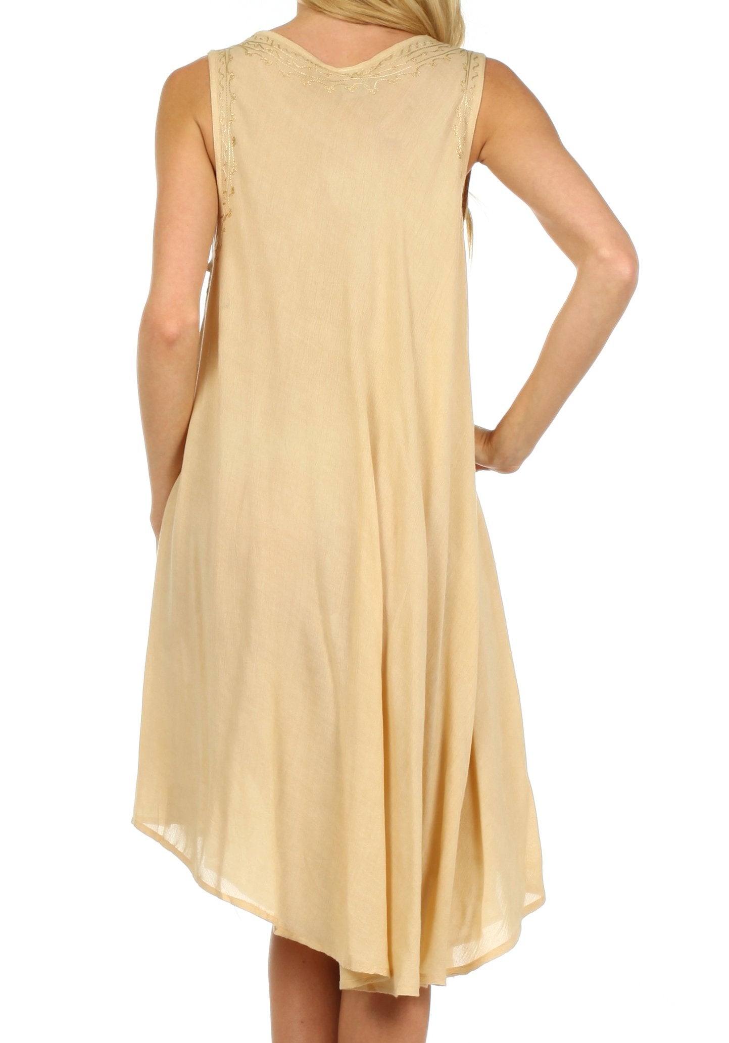 Beige sleeveless dress worn by a person on a white background