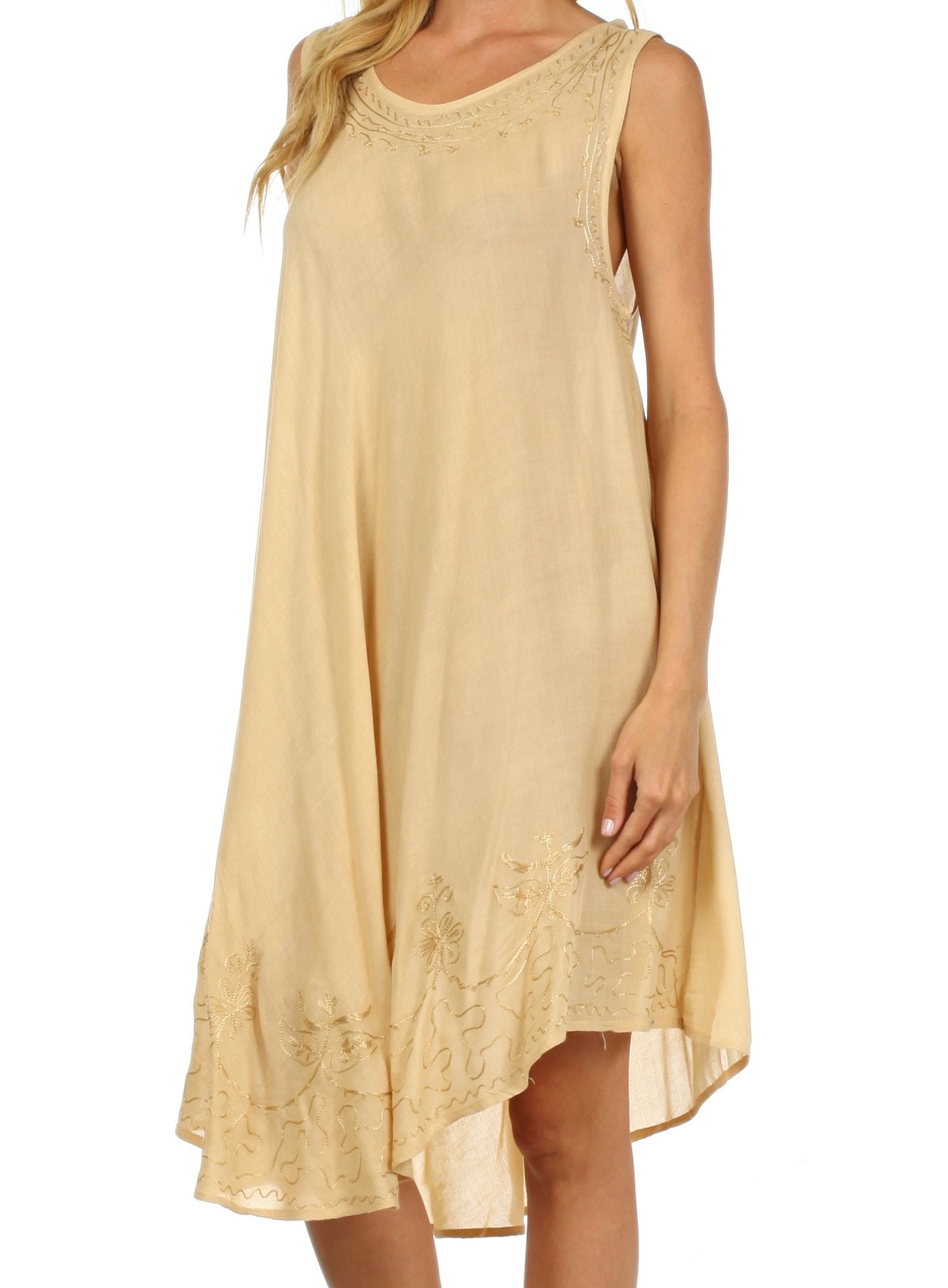 Beige sleeveless dress worn by a person on a white background