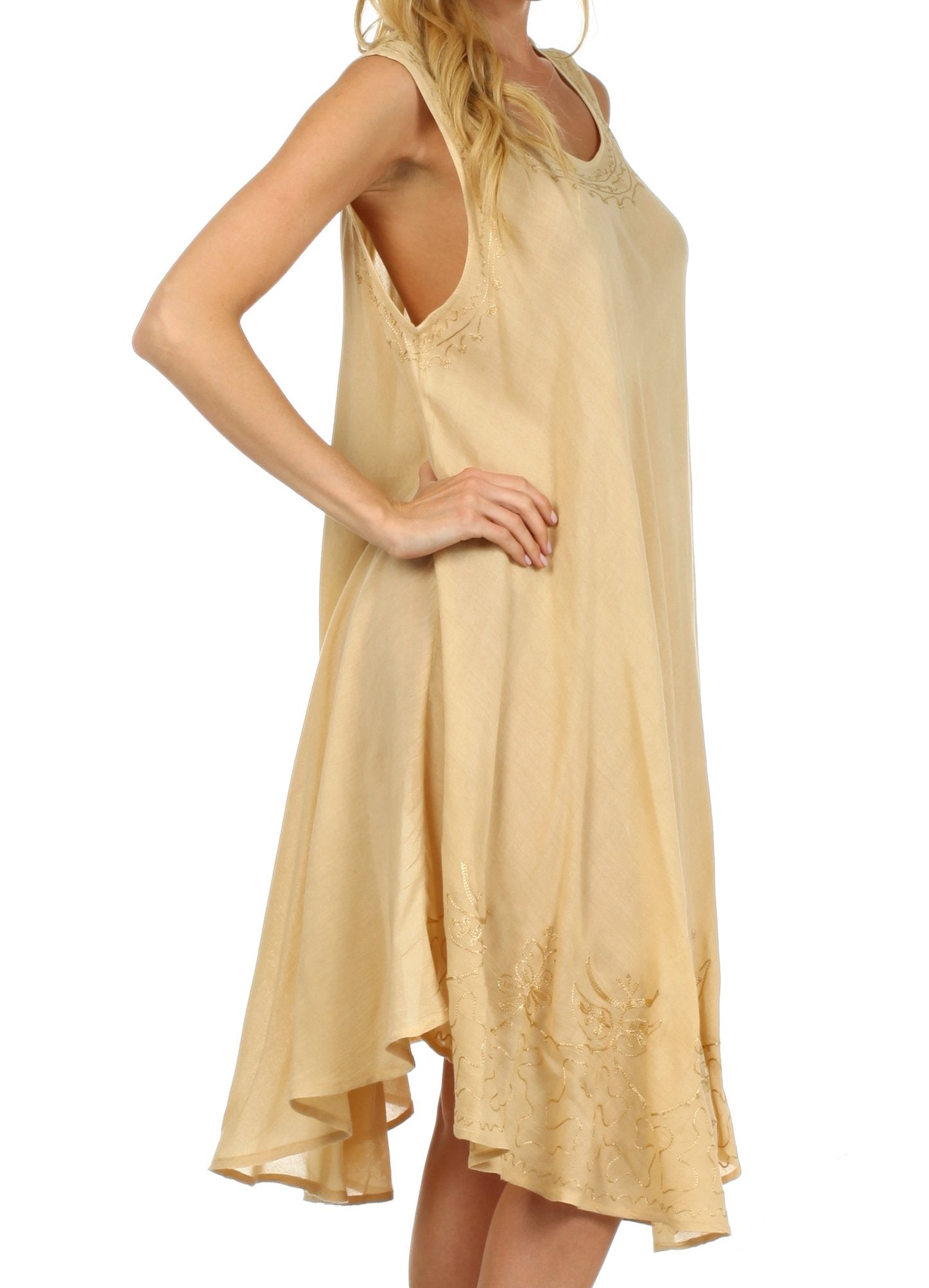 Beige sleeveless dress worn by a model on a white background