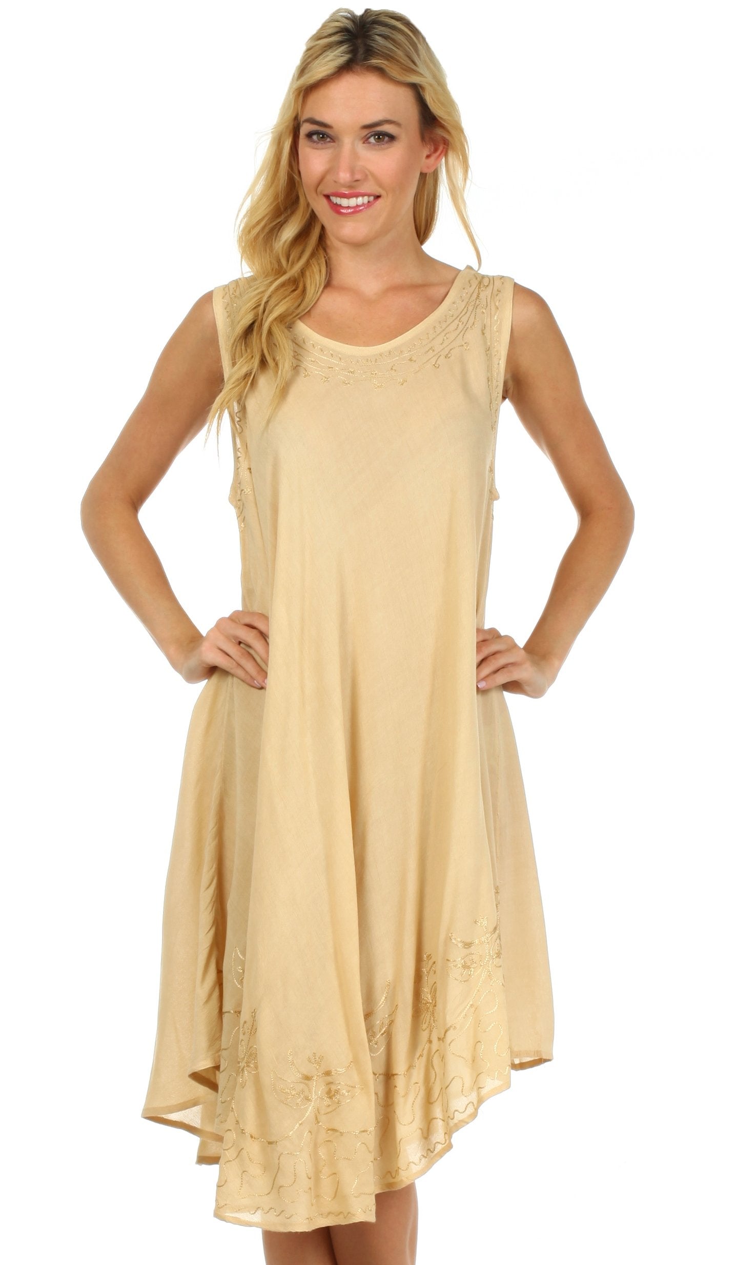 Woman wearing a beige sleeveless dress on a white background