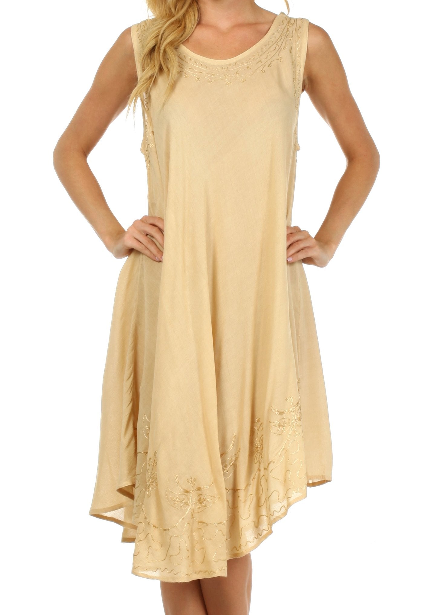 Beige sleeveless dress worn by a model on a white background