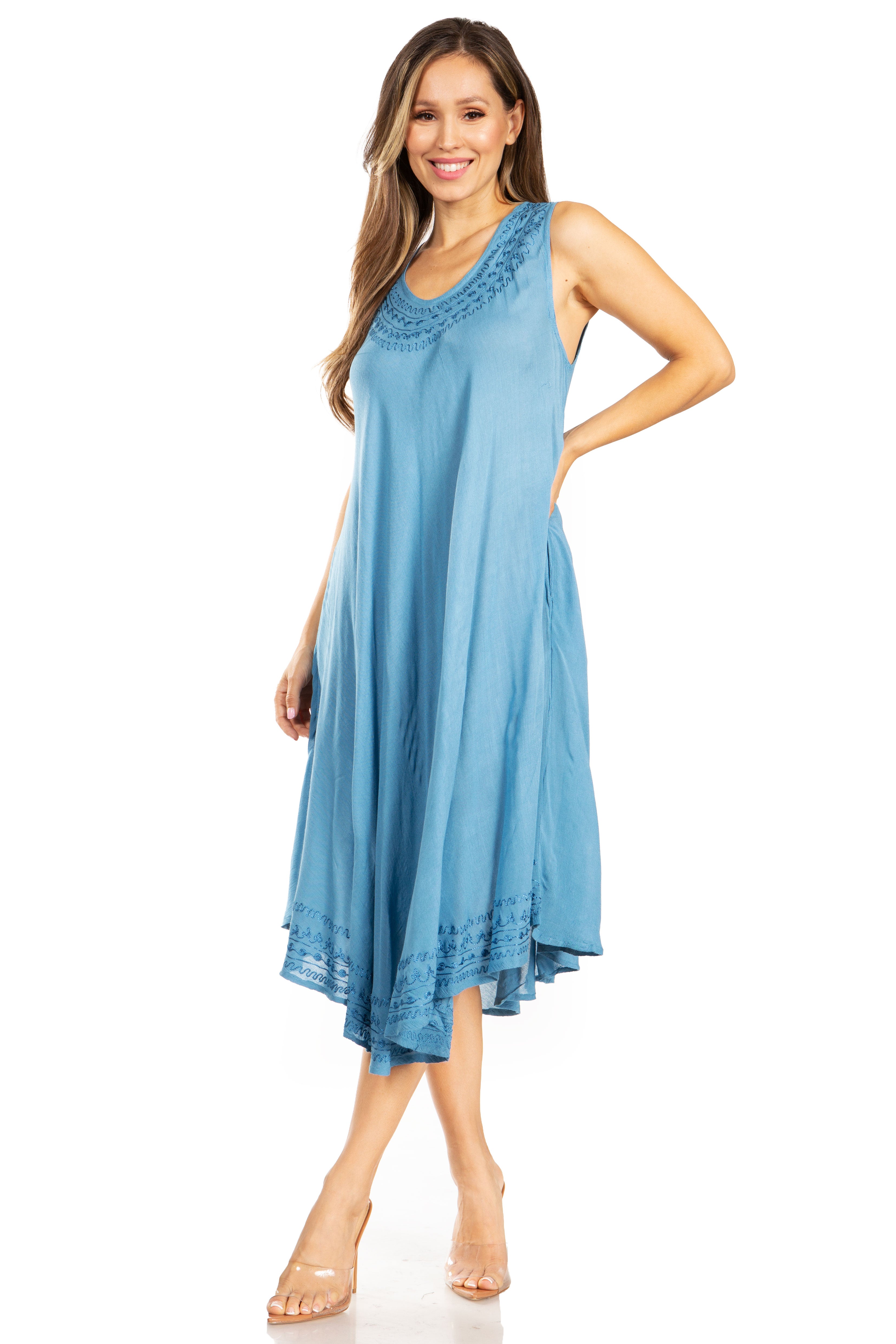 Woman wearing a blue dress on a white background
