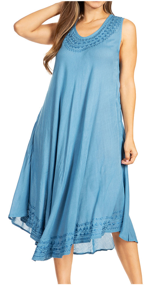 Blue sleeveless dress with lace details on a white background