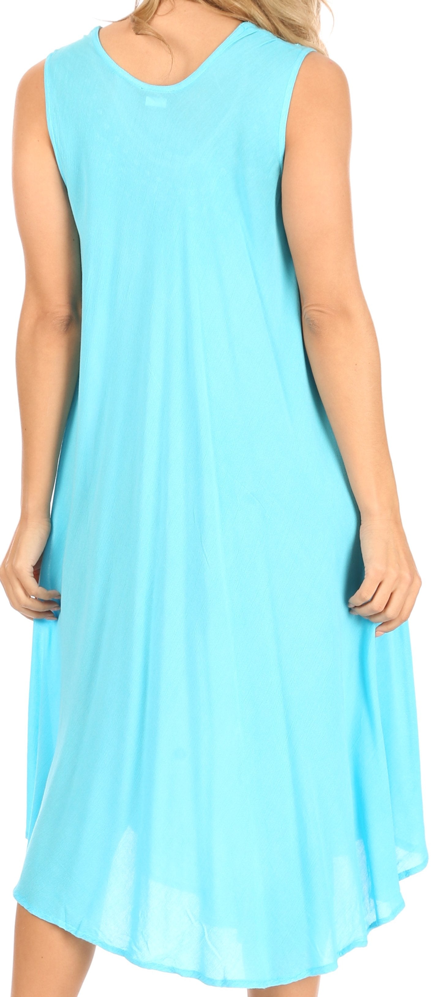 Light blue sleeveless dress worn by a person on a white background
