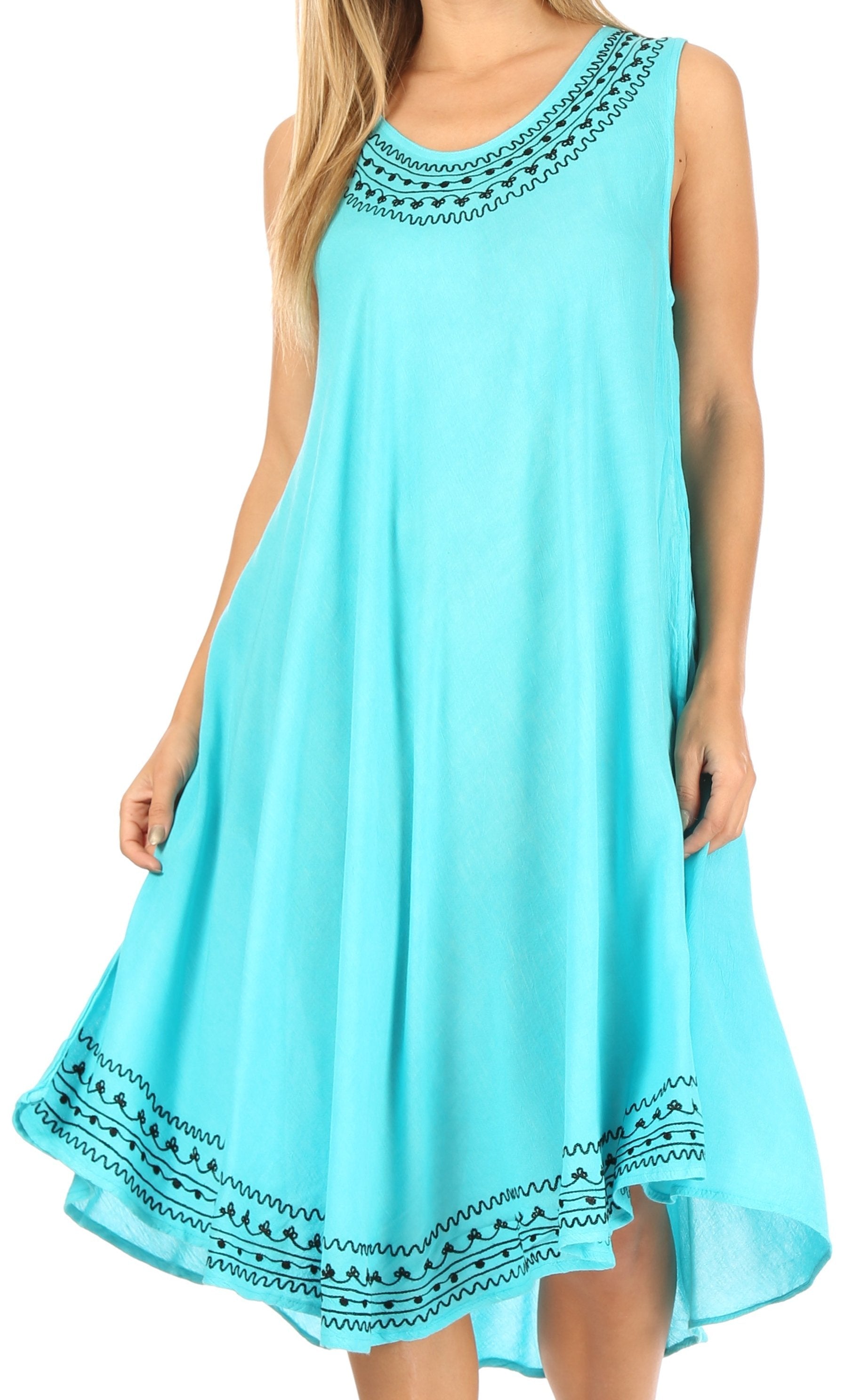 Light blue sleeveless dress with black lace details on a white background