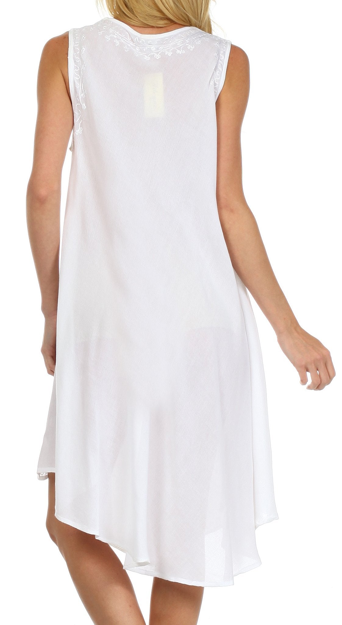 White sleeveless dress worn by a person on a white background