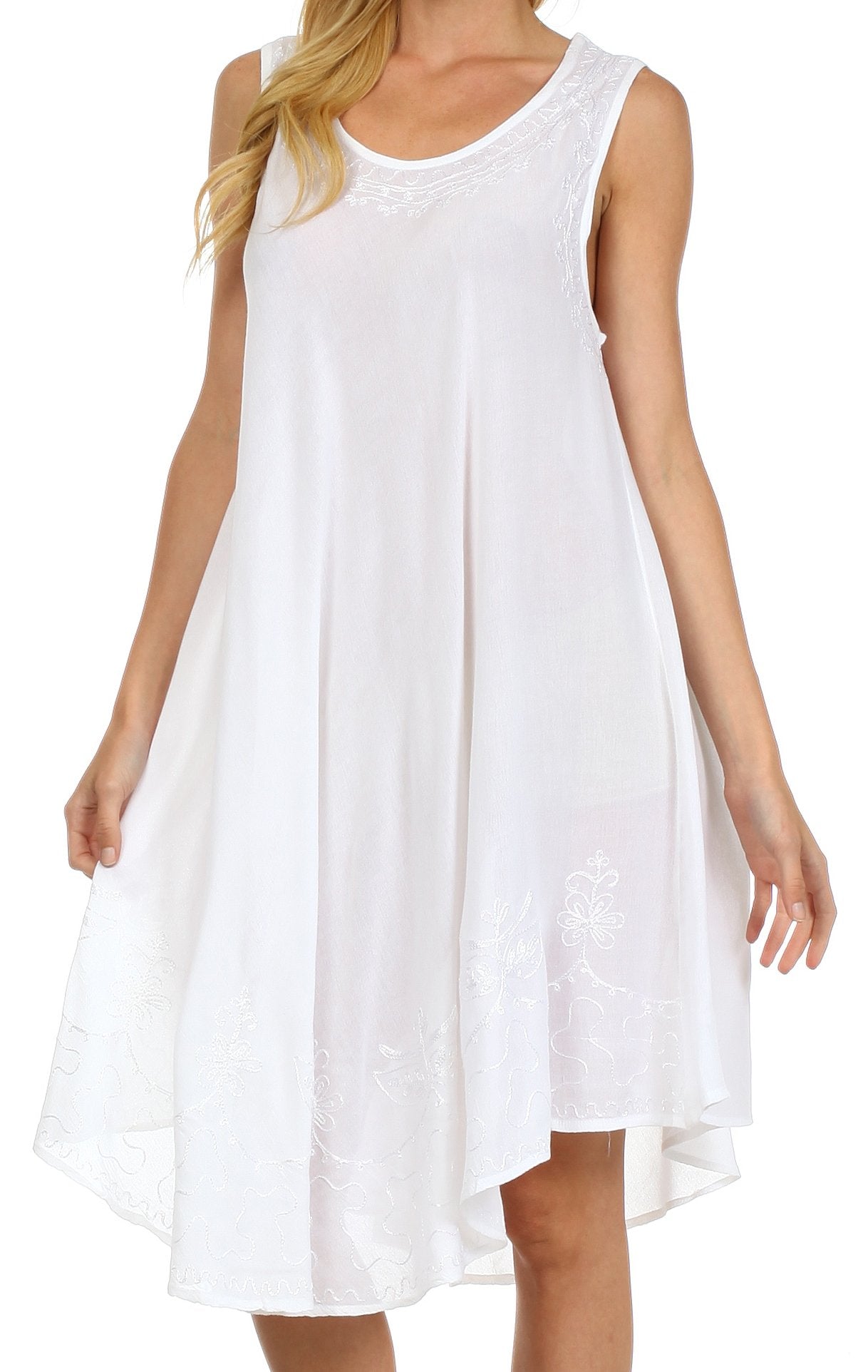 White sleeveless dress worn by a model on a white background