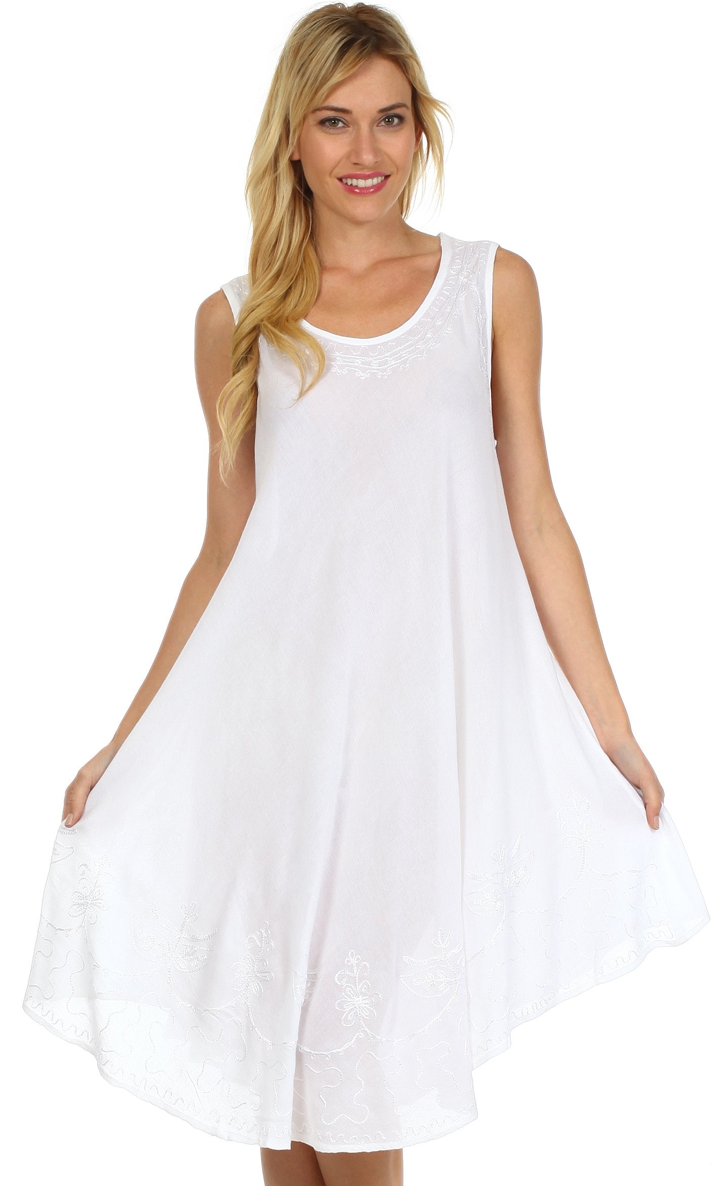 Woman wearing a white sleeveless dress on a white background
