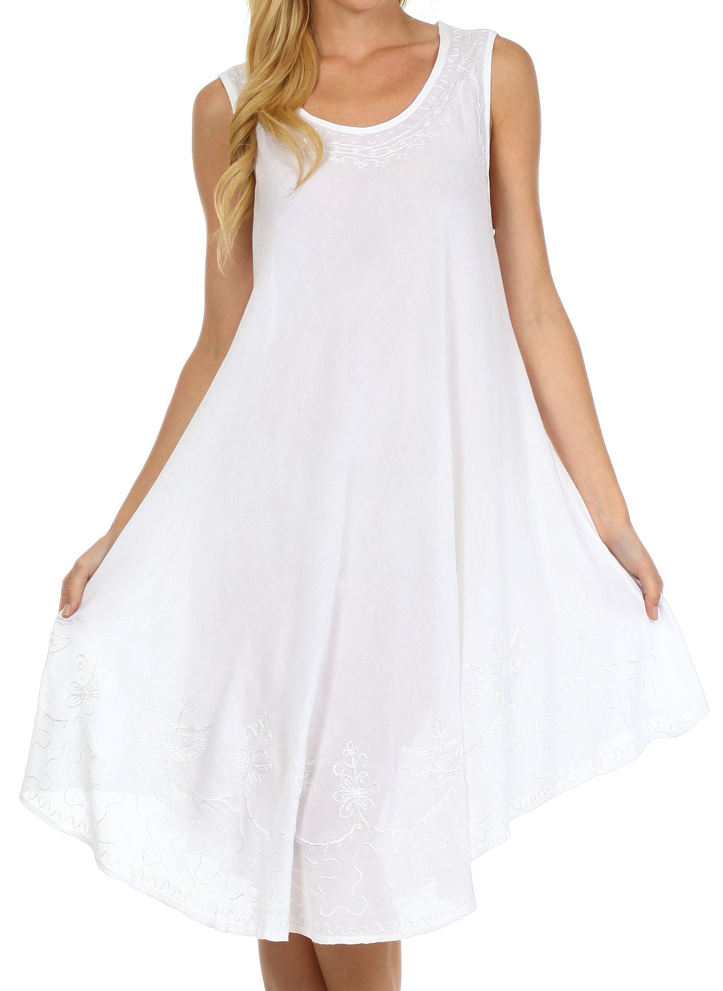 White sleeveless dress worn by a model on a white background