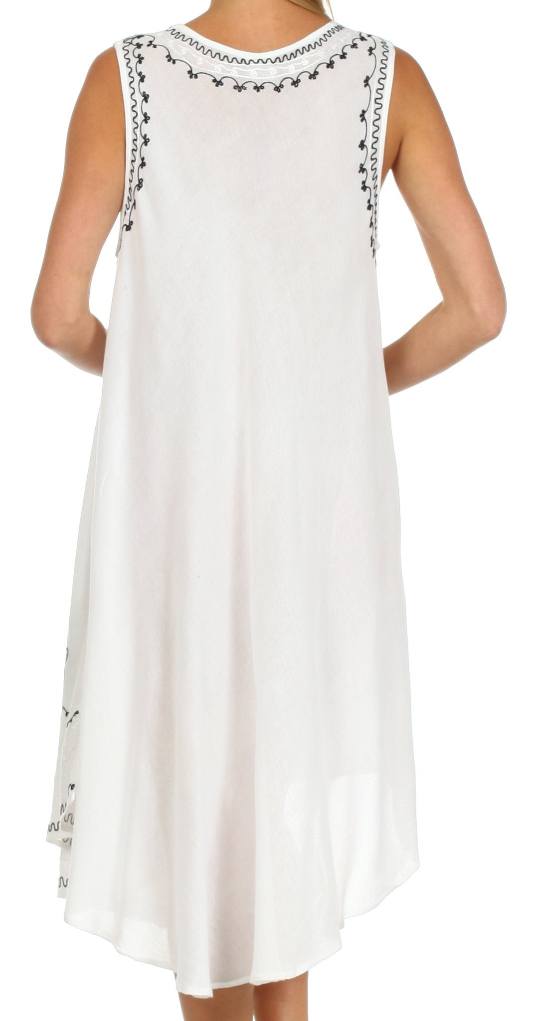 White sleeveless dress with black embroidery on a white background