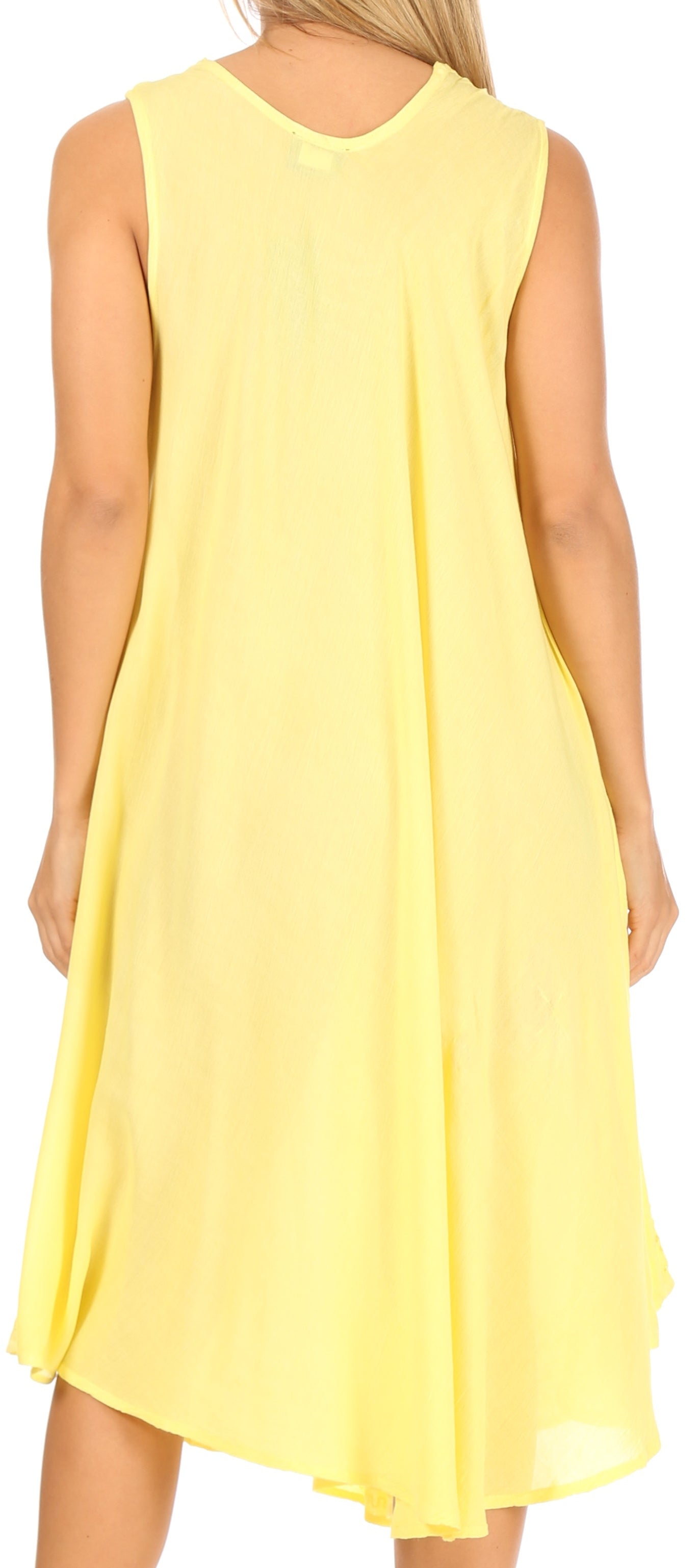 Yellow sleeveless dress worn by a person on a white background