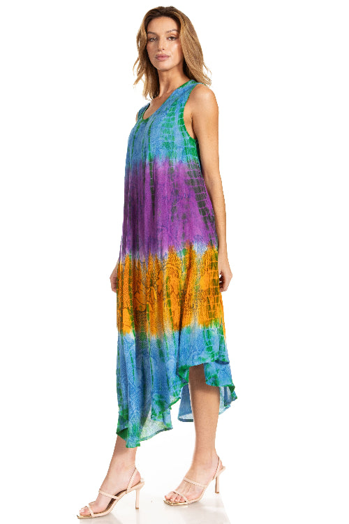 Woman wearing a tie-dye dress with a white background