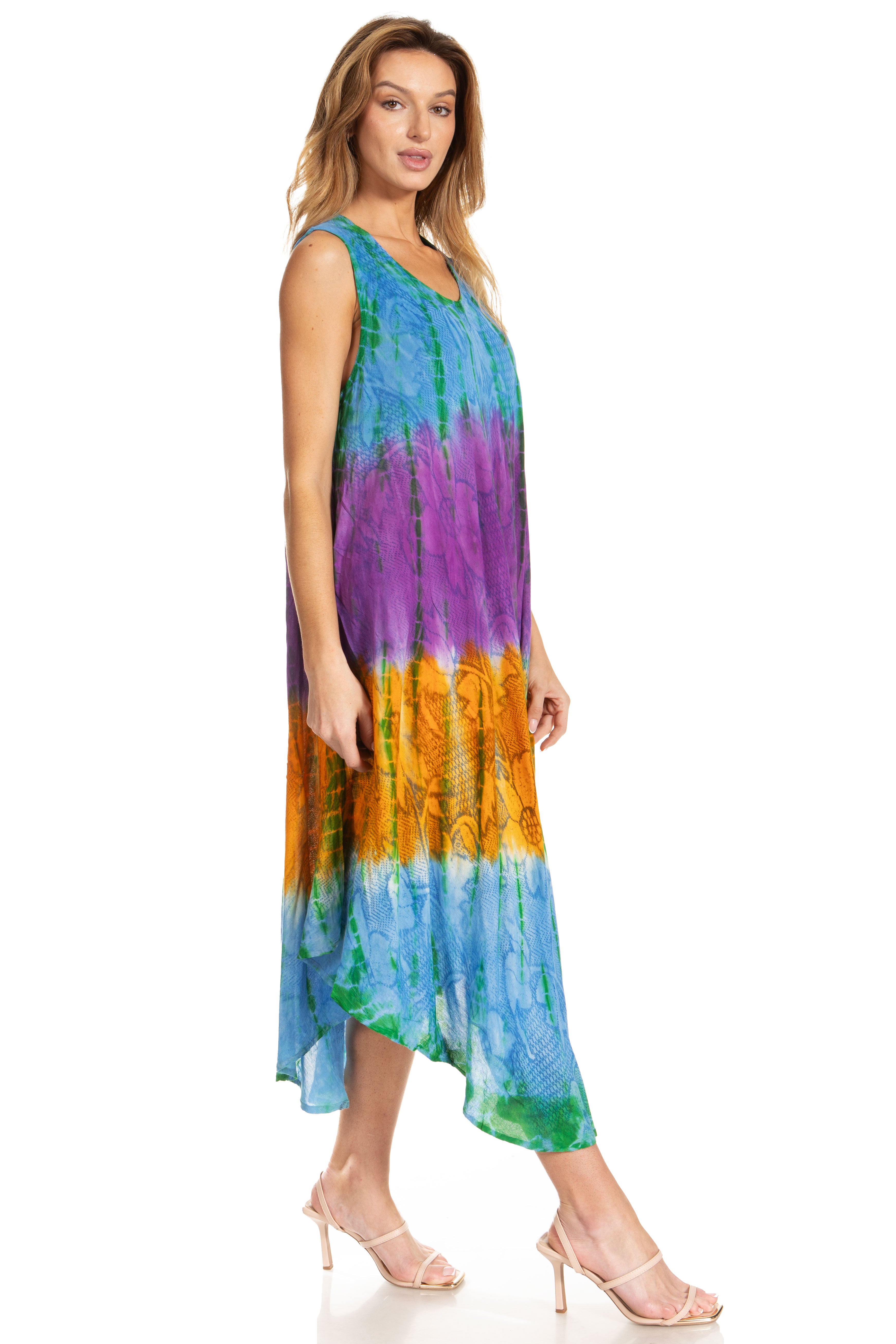 Woman wearing a tie-dye dress on a white background