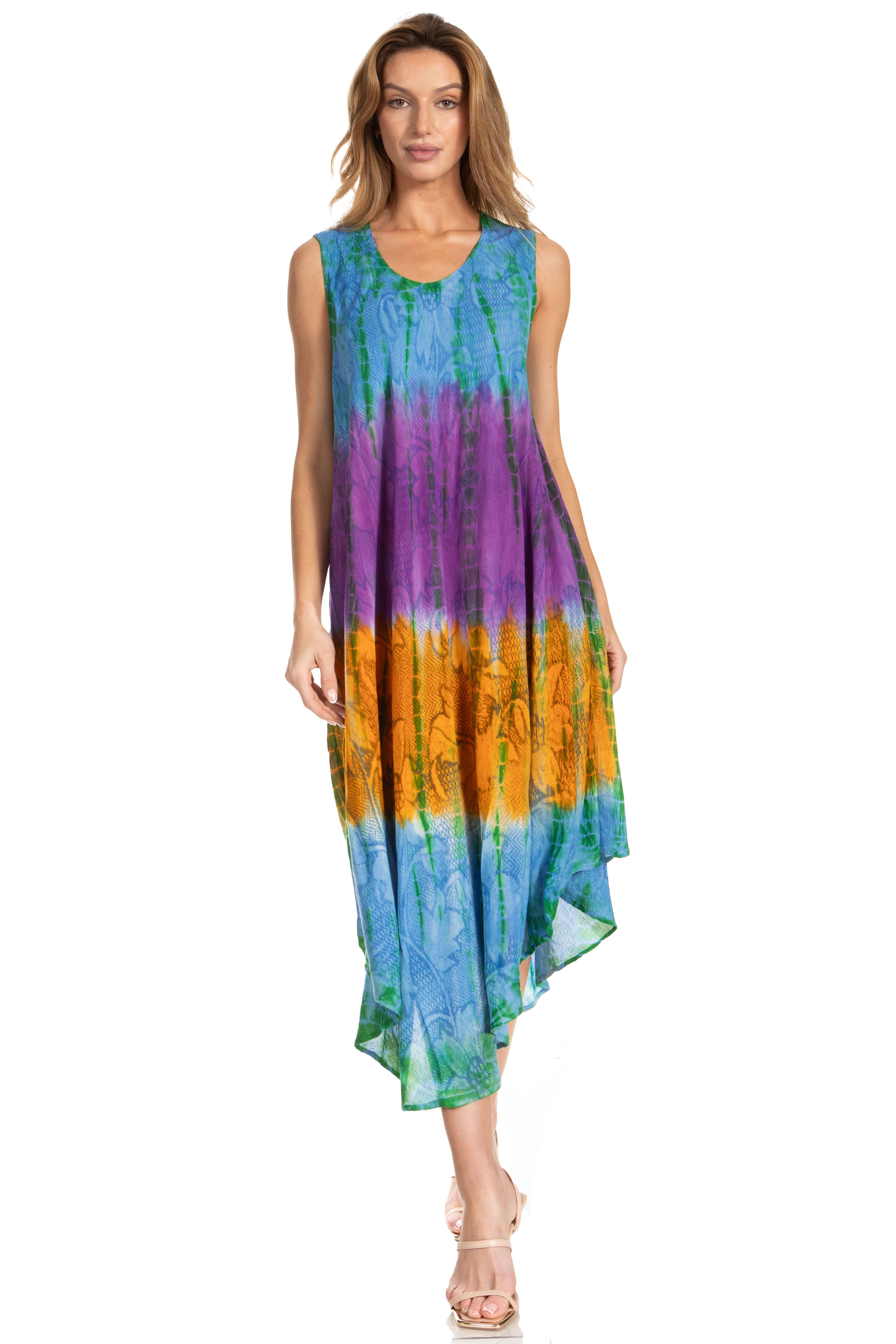 Woman wearing a colorful tie-dye dress on a white background