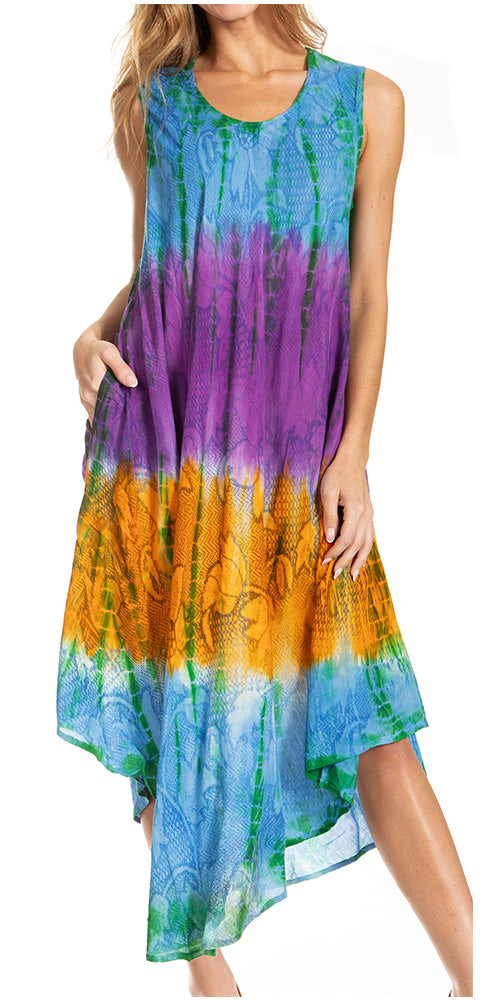 Multicolored tie-dye dress worn by a model on a white background