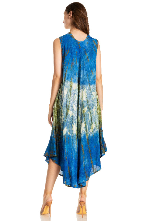 Woman wearing a sleeveless dress with a blue and green abstract pattern on a white background