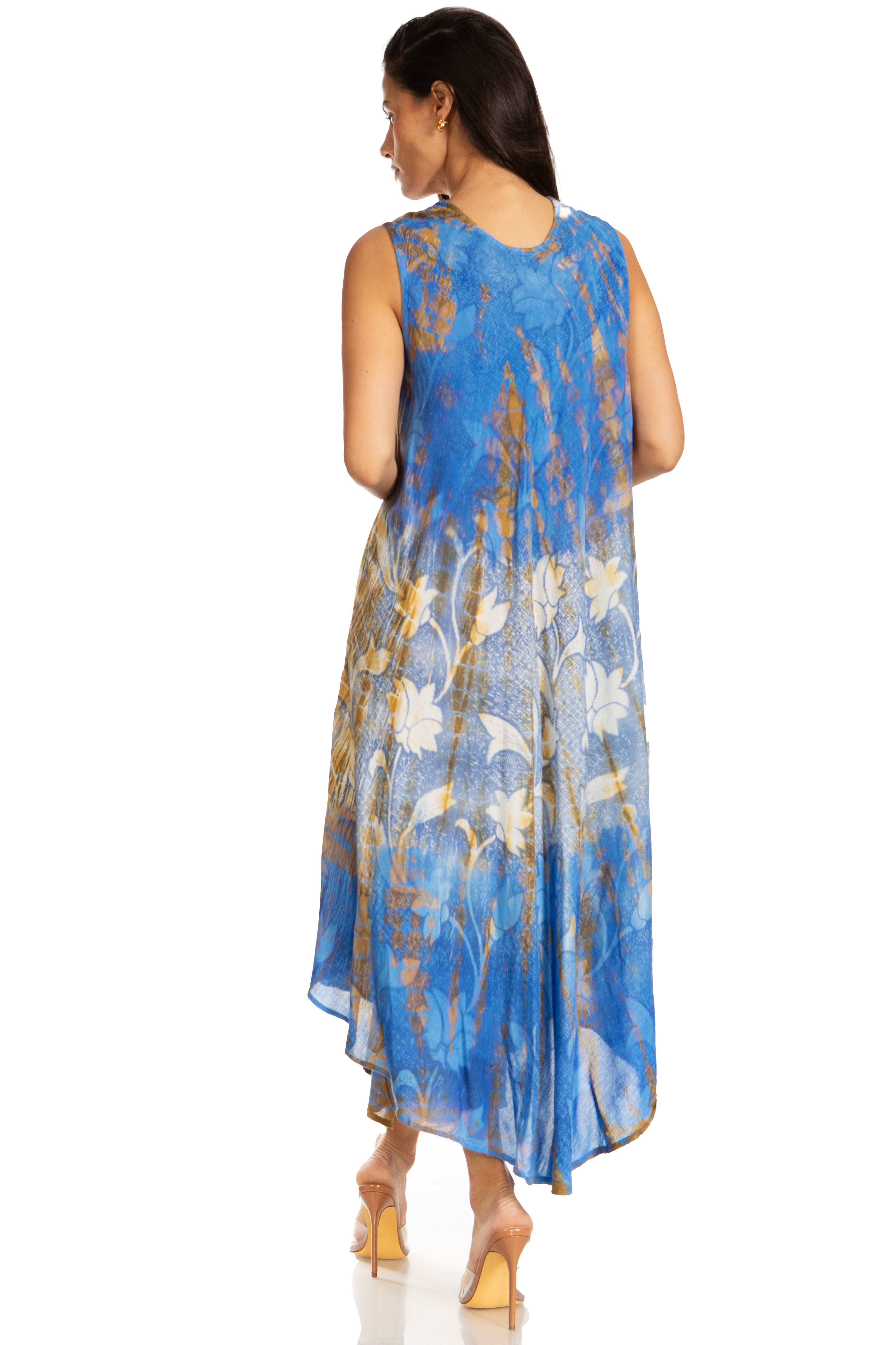 Woman wearing a blue floral dress on a white background